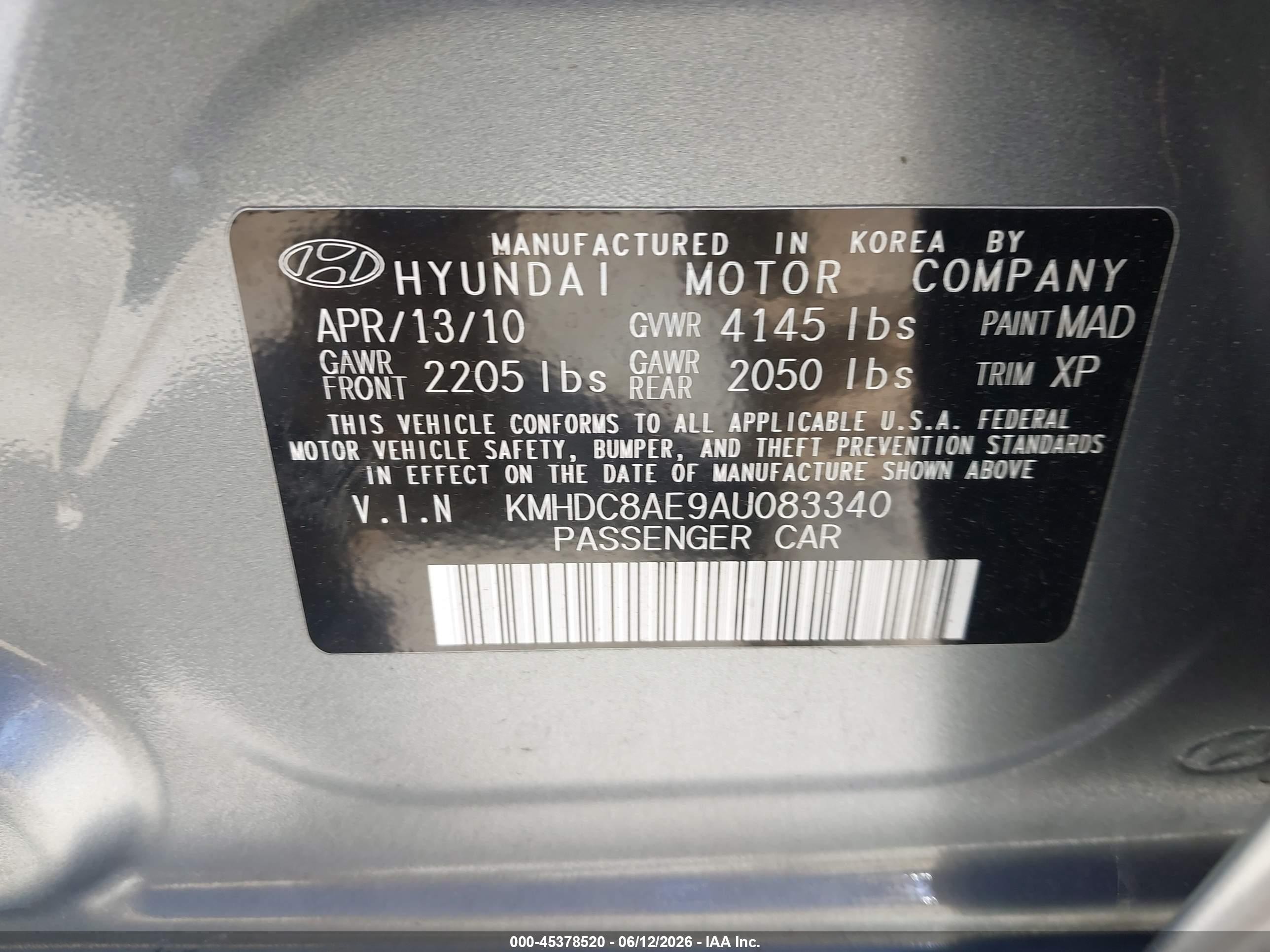 2010 Hyundai Elantra VIN KMHDC8AE9AU083340 IAAI salvage auction — Normal Wear, Clear - Dealer Only (California), sold $925 on 2026-07-09 (photo 9)