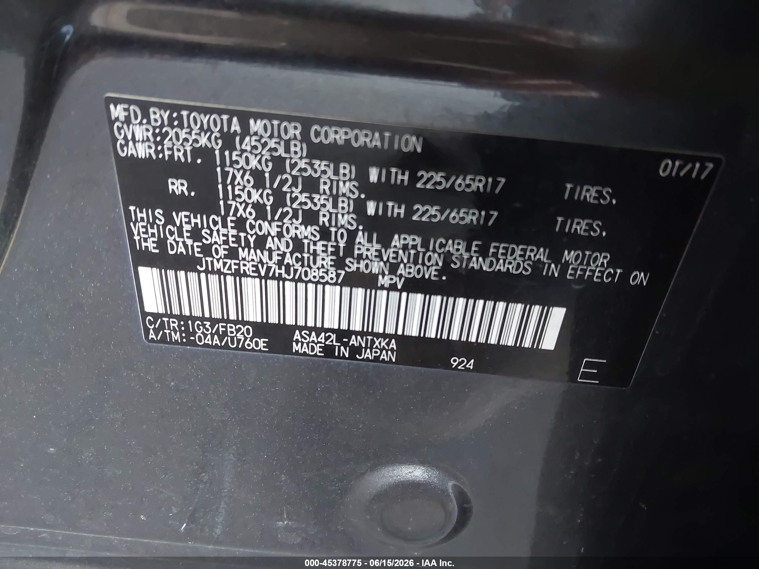 2017 Toyota RAV4 VIN JTMZFREV7HJ708587 IAAI salvage auction — Front End, Salvage (California), sold $1,525 on 2026-07-09 (photo 9)