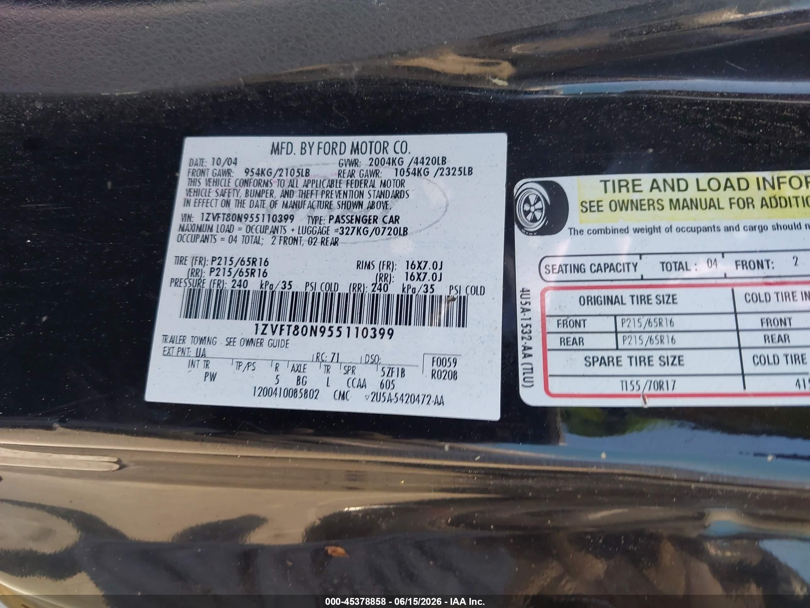 2005 Ford Mustang VIN 1ZVFT80N955110399 IAAI salvage auction — Normal Wear, Clear - Dealer Only (California), sold $375 on 2026-07-09 (photo 9)