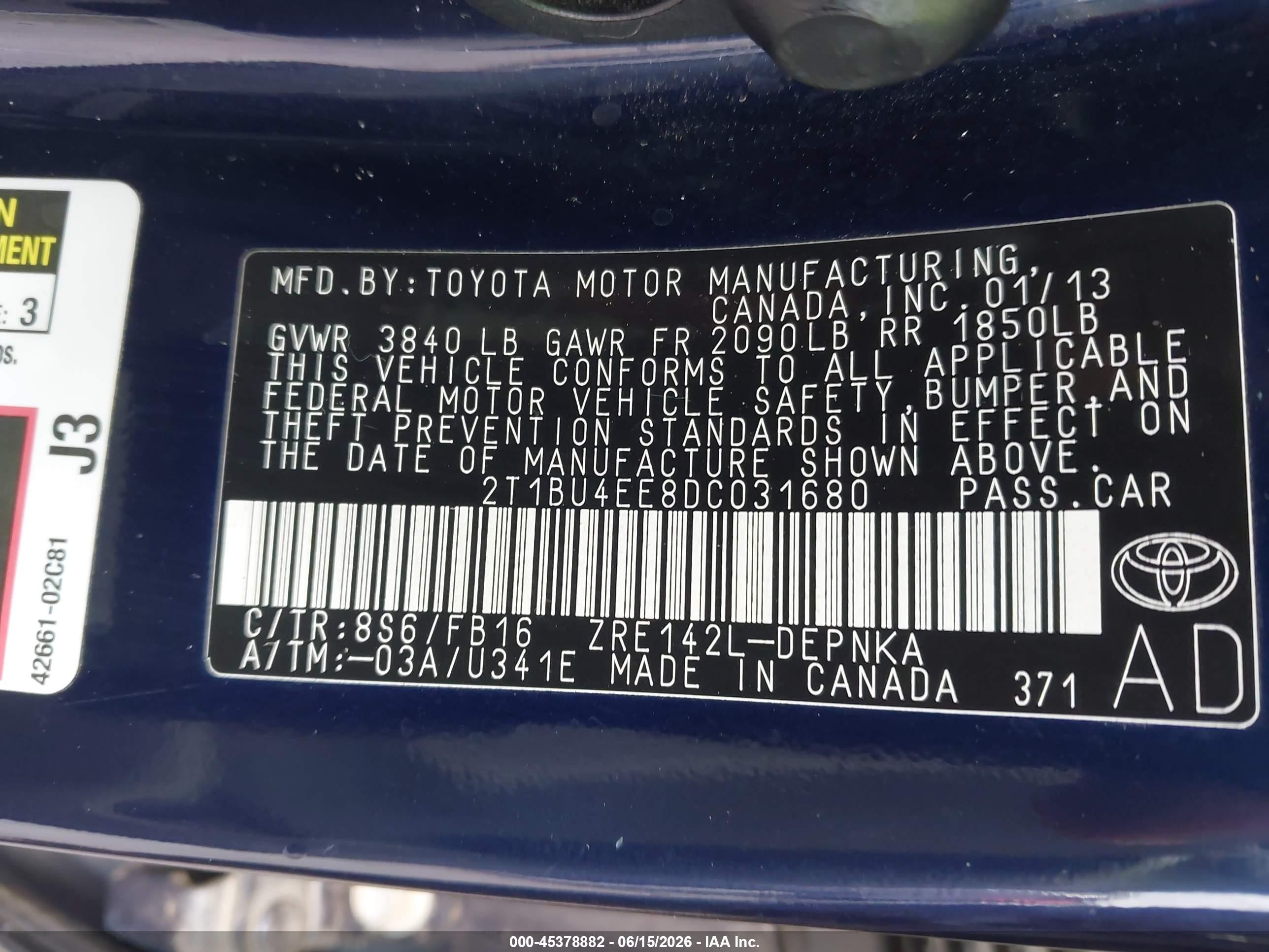 2013 Toyota Corolla VIN 2T1BU4EE8DC031680 IAAI salvage auction — Front End, Salvage (Arizona), sold $1,350 on 2026-07-09 (photo 9)