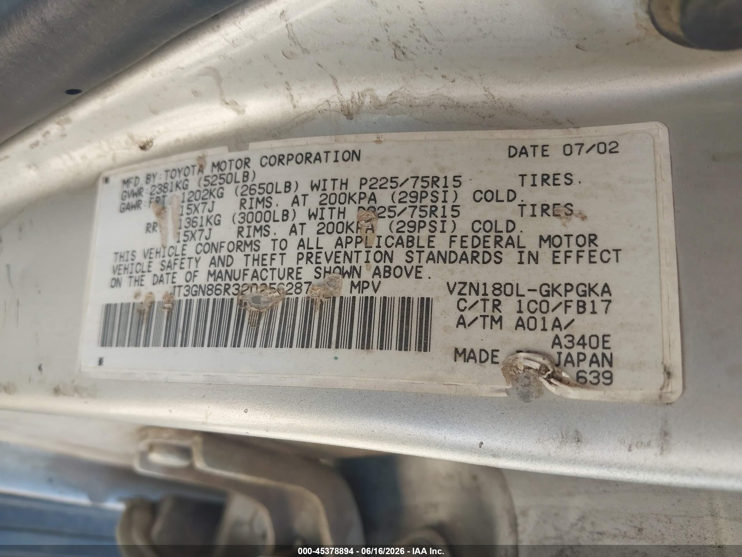 2002 Toyota 4Runner VIN JT3GN86R320256287 IAAI salvage auction — Side, Restored (Arizona), sold $425 on 2026-07-09 (photo 9)