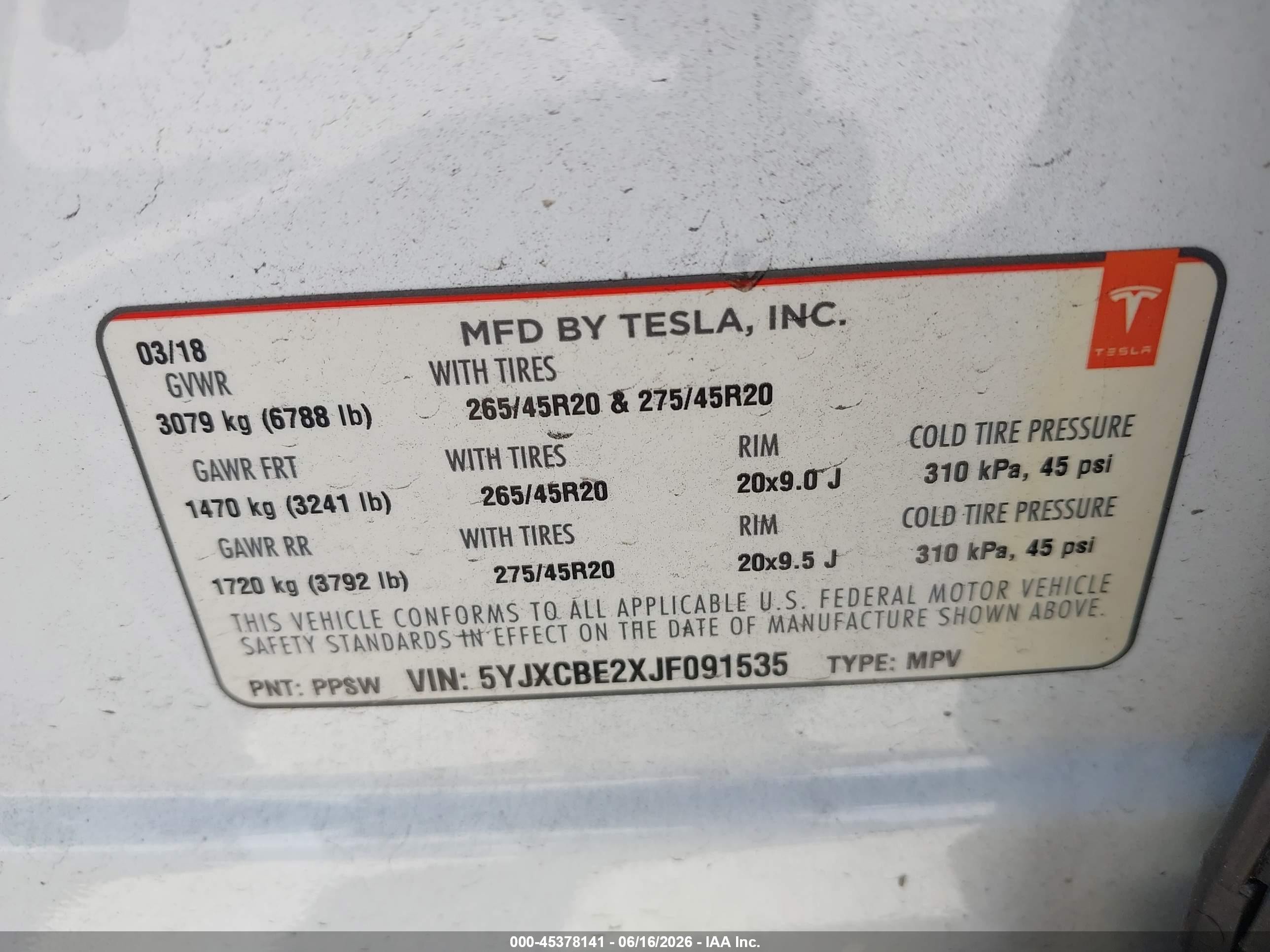 2018 Tesla Model x VIN 5YJXCBE2XJF091535 IAAI salvage auction — Front & Rear, Salvage (Idaho), sold $2,750 on 2026-09-02 (photo 9)