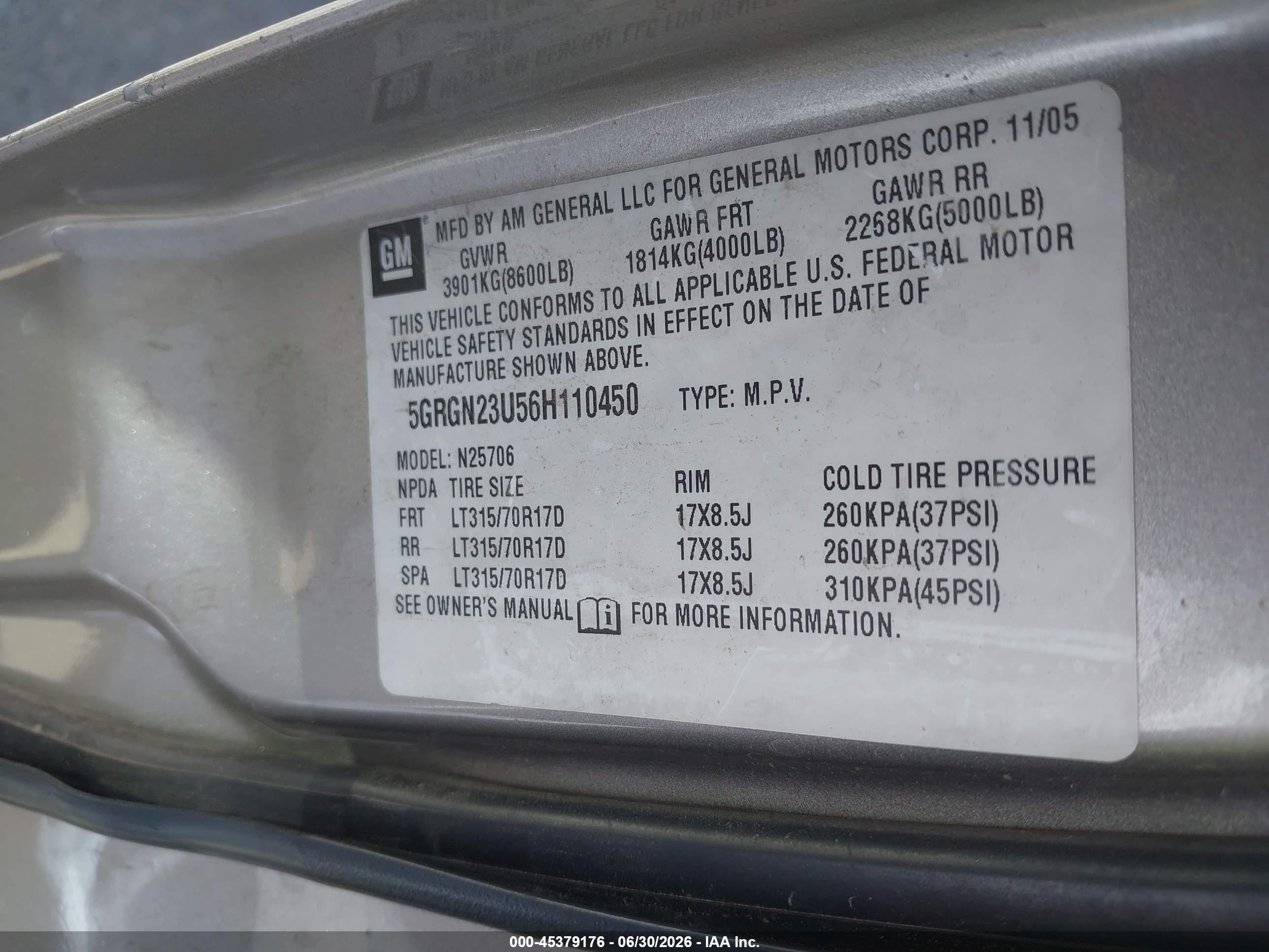 2006 Hummer H2 VIN 5GRGN23U56H110450 IAAI salvage auction — Front End, Clear (Arizona), sold $3,125 on 2026-07-09 (photo 9)