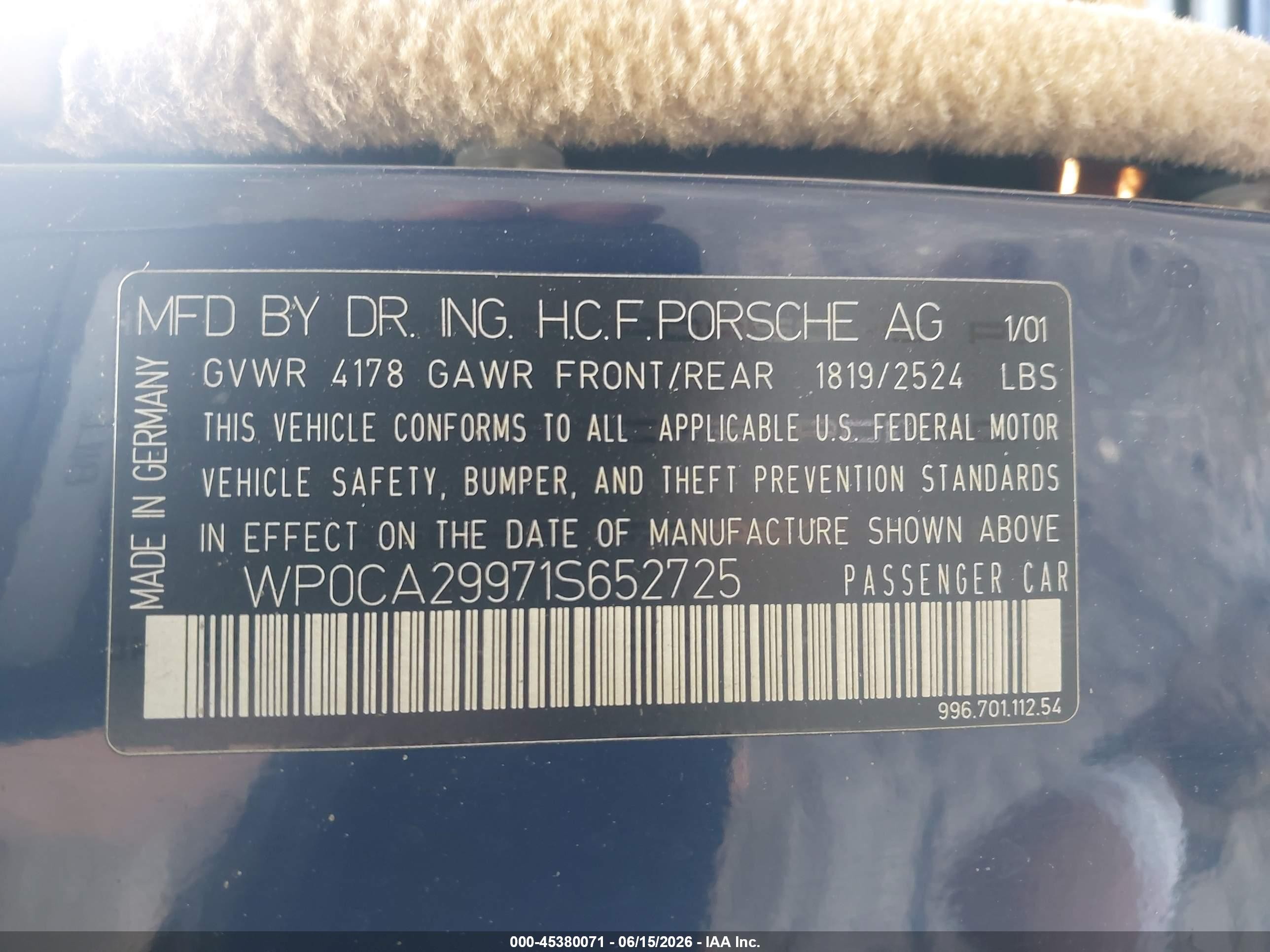 2001 Porsche 911 VIN WP0CA29971S652725 IAAI salvage auction — Side, Salvage - Greater Than 75% (Maryland), sold $4,550 on 2026-07-07 (photo 9)