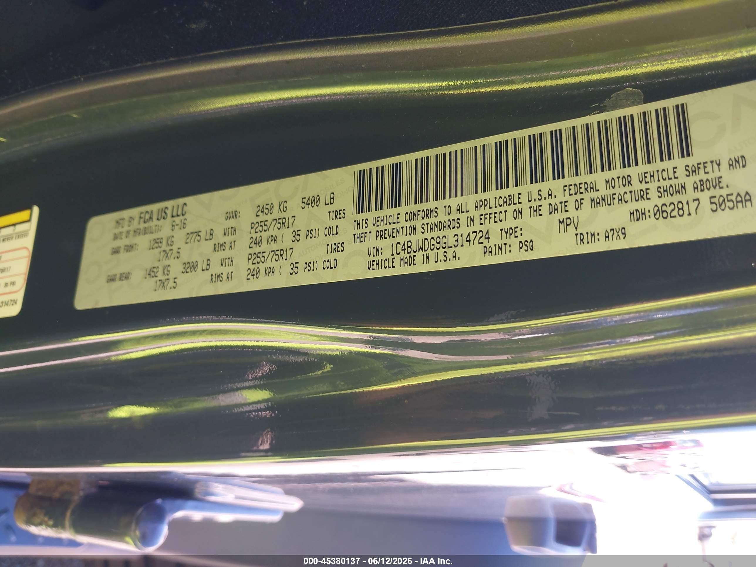 2016 Jeep Wrangler Unlimited VIN 1C4BJWDG9GL314724 IAAI salvage auction — Unknown, Clear (Indiana), sold $3,500 on 2026-07-04 (photo 9)