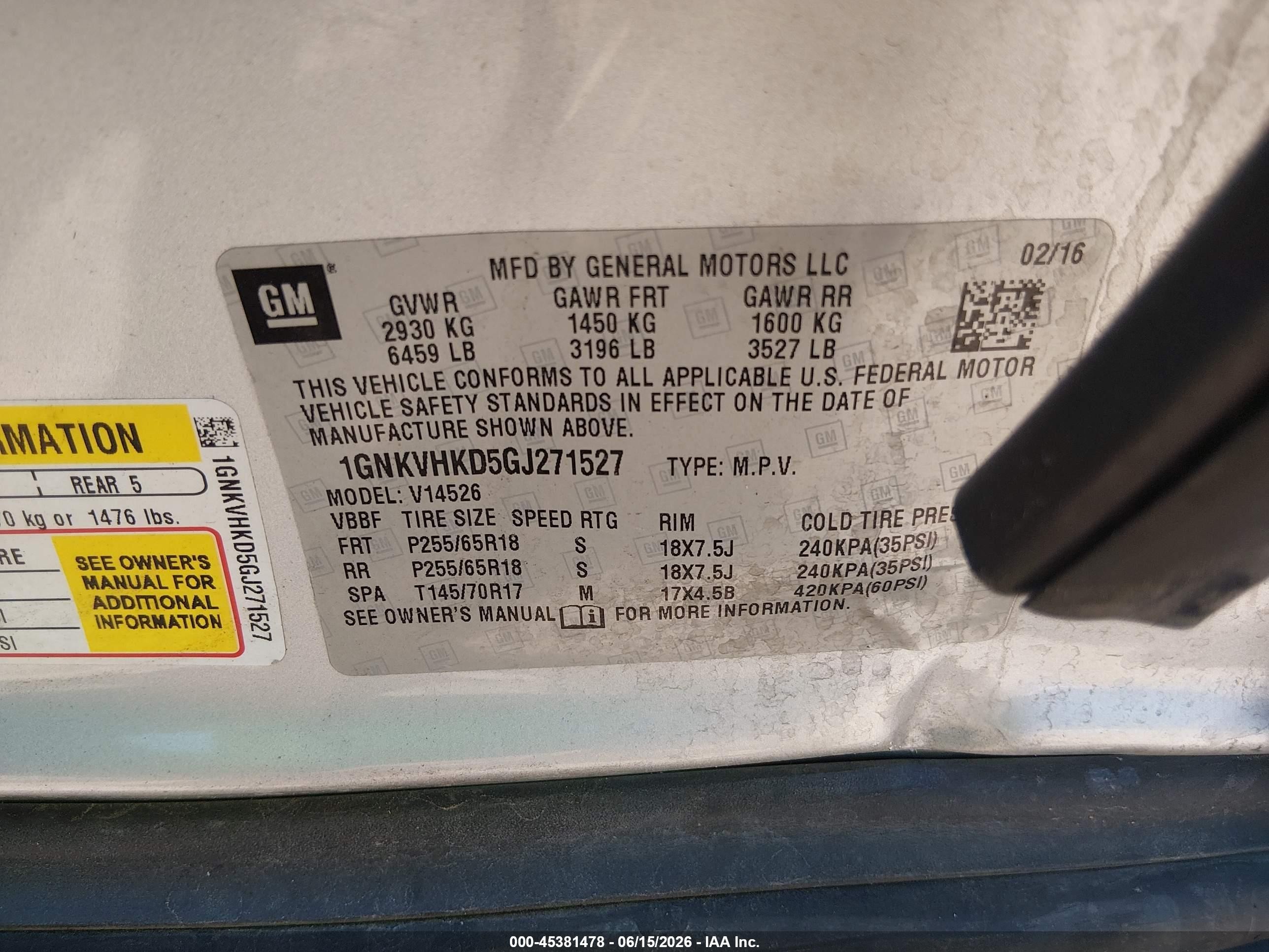 2016 Chevrolet Traverse VIN 1GNKVHKD5GJ271527 IAAI salvage auction — Side, Salvage (Arizona), sold $850 on 2026-07-09 (photo 9)