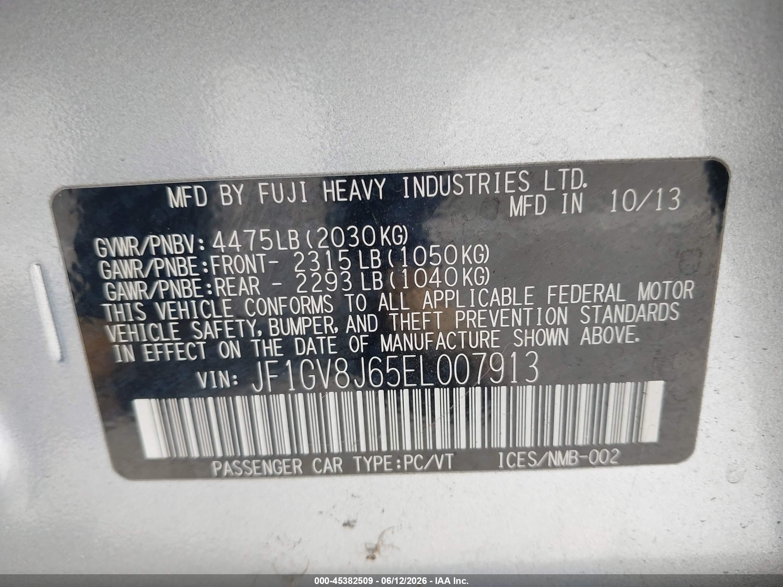 2014 Subaru Impreza VIN JF1GV8J65EL007913 IAAI salvage auction — Front End, Salvage (California), sold $1,600 on 2026-07-09 (photo 9)