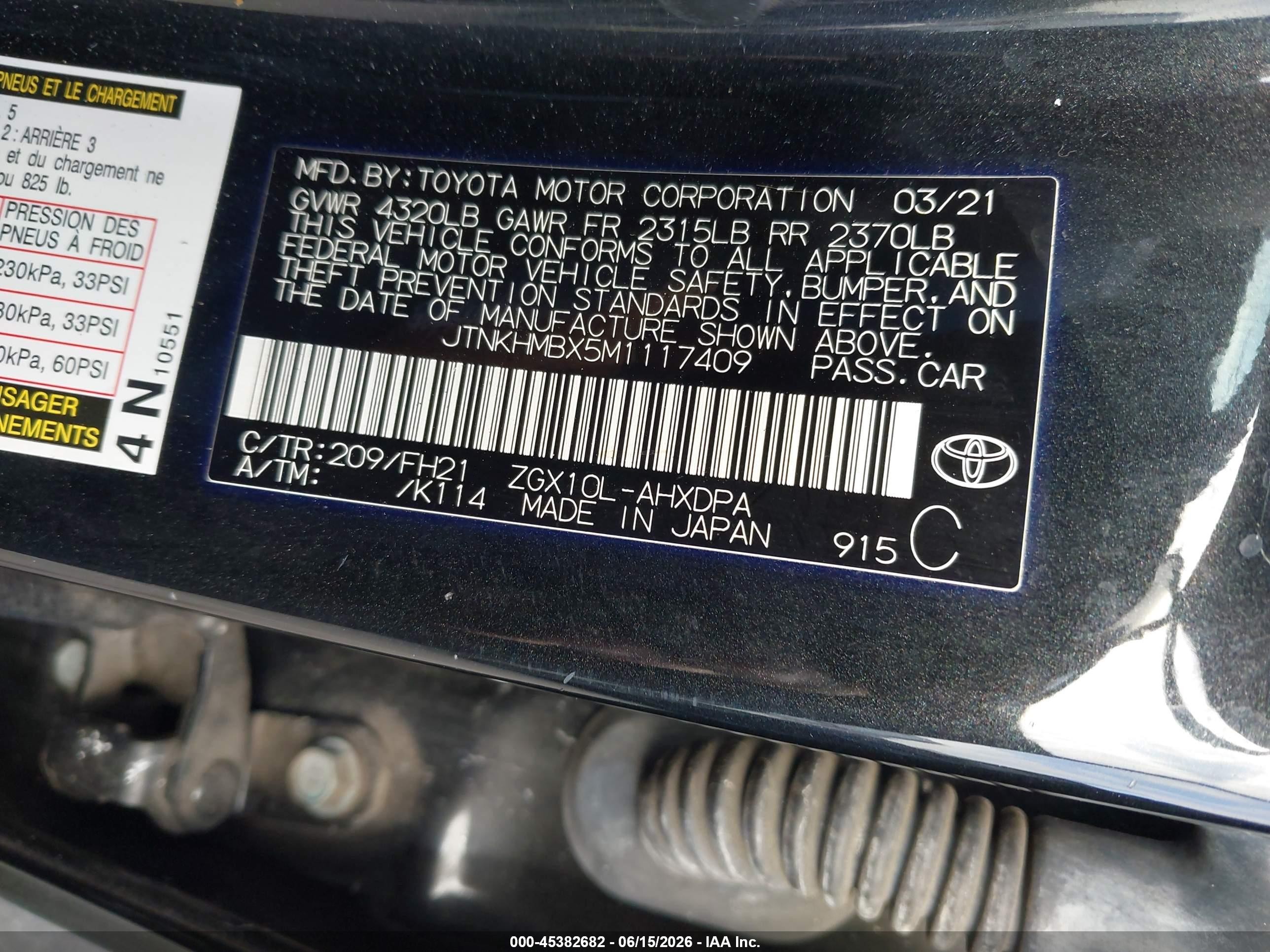 2021 Toyota C-HR VIN JTNKHMBX5M1117409 IAAI salvage auction — Rear End, Salvage (California), sold $6,850 on 2026-07-06 (photo 9)