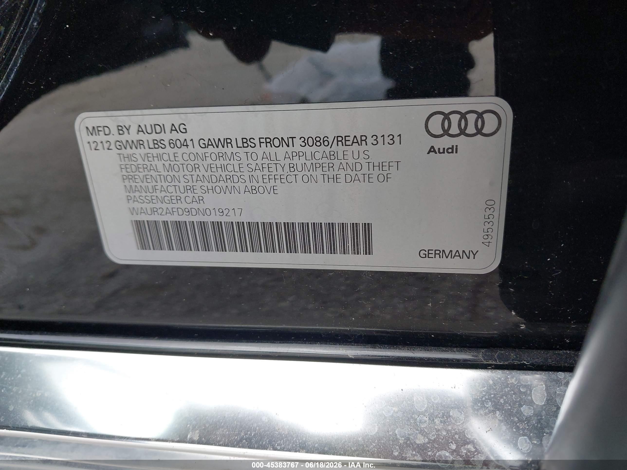 2013 Audi A8 VIN WAUR2AFD9DN019217 IAAI salvage auction — Front End, Salvage (Illinois), sold $1,300 on 2026-09-09 (photo 9)