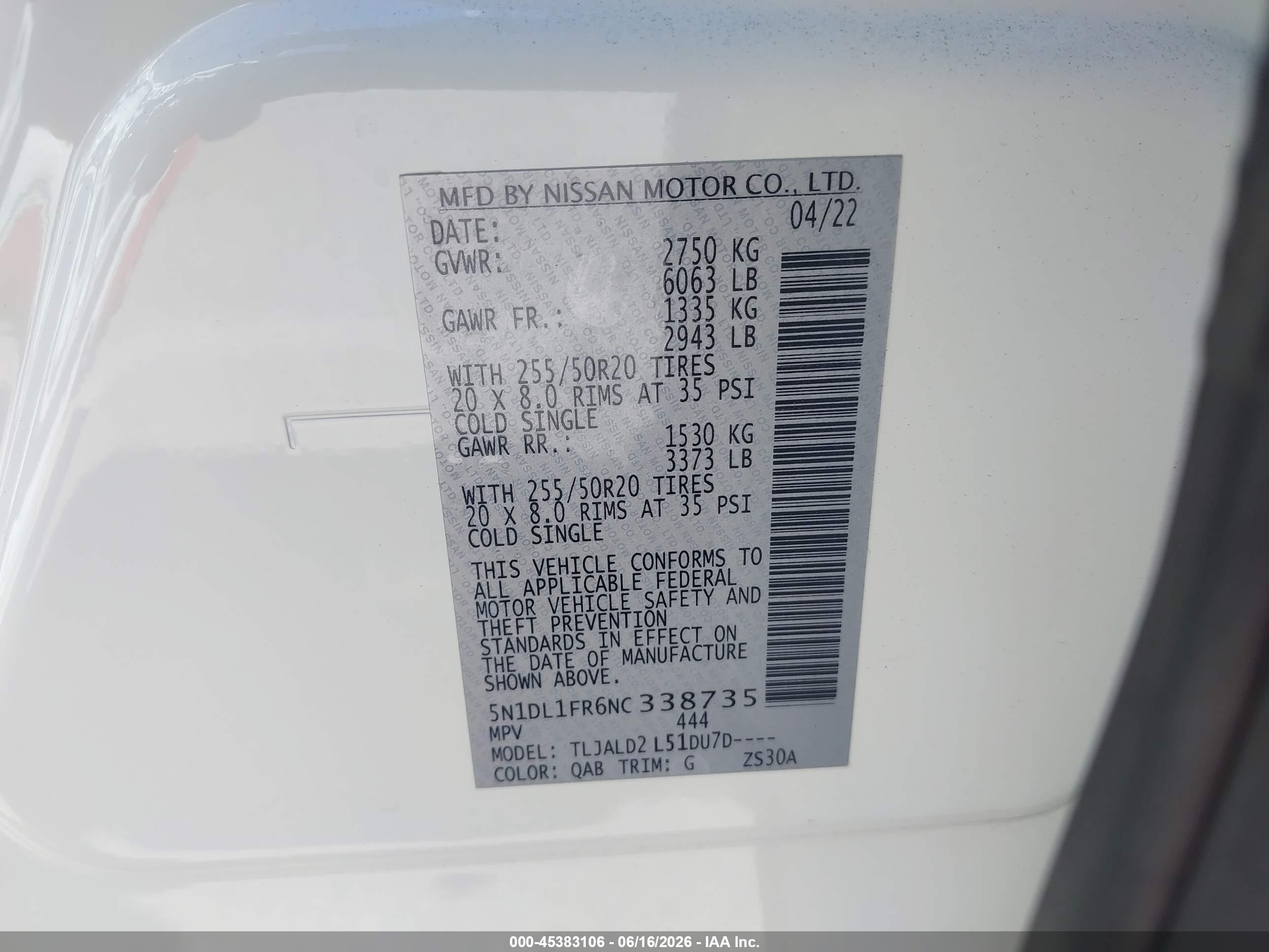 2022 Infiniti QX60 VIN 5N1DL1FR6NC338735 IAAI salvage auction — Front End, Salvage (California), sold $6,300 on 2026-07-11 (photo 9)