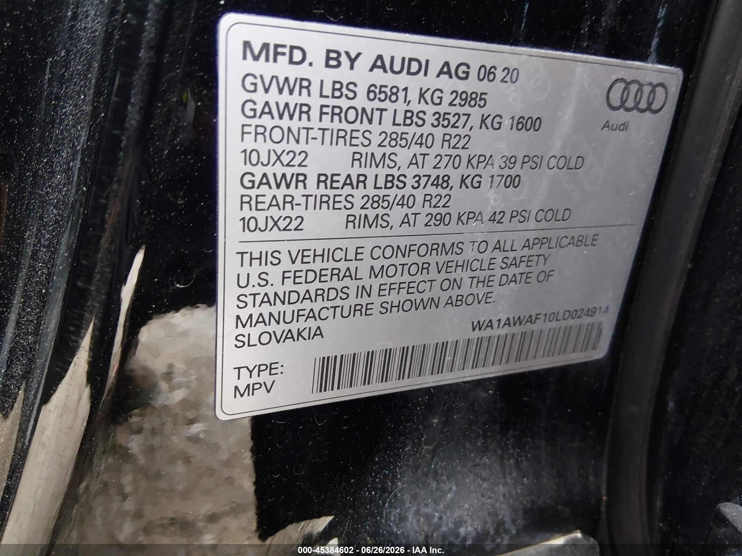 2020 Audi SQ8 VIN WA1AWAF10LD024914 IAAI salvage auction — Side, Salvage (Illinois), sold $20,300 on 2026-09-12 (photo 9)