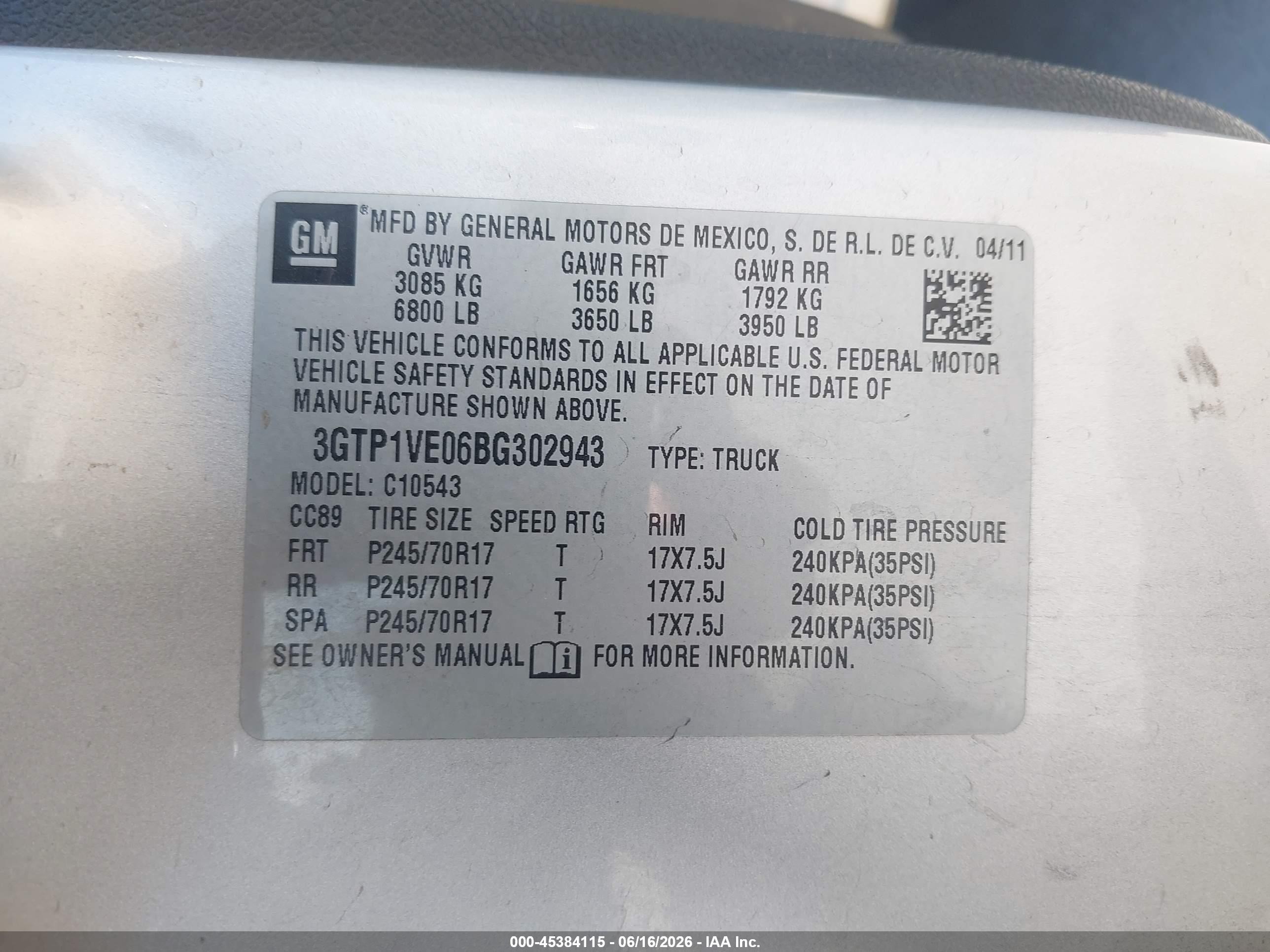 2011 GMC Sierra 1500 VIN 3GTP1VE06BG302943 IAAI salvage auction — Front End, Salvage (Arizona), sold $1,550 on 2026-07-04 (photo 9)