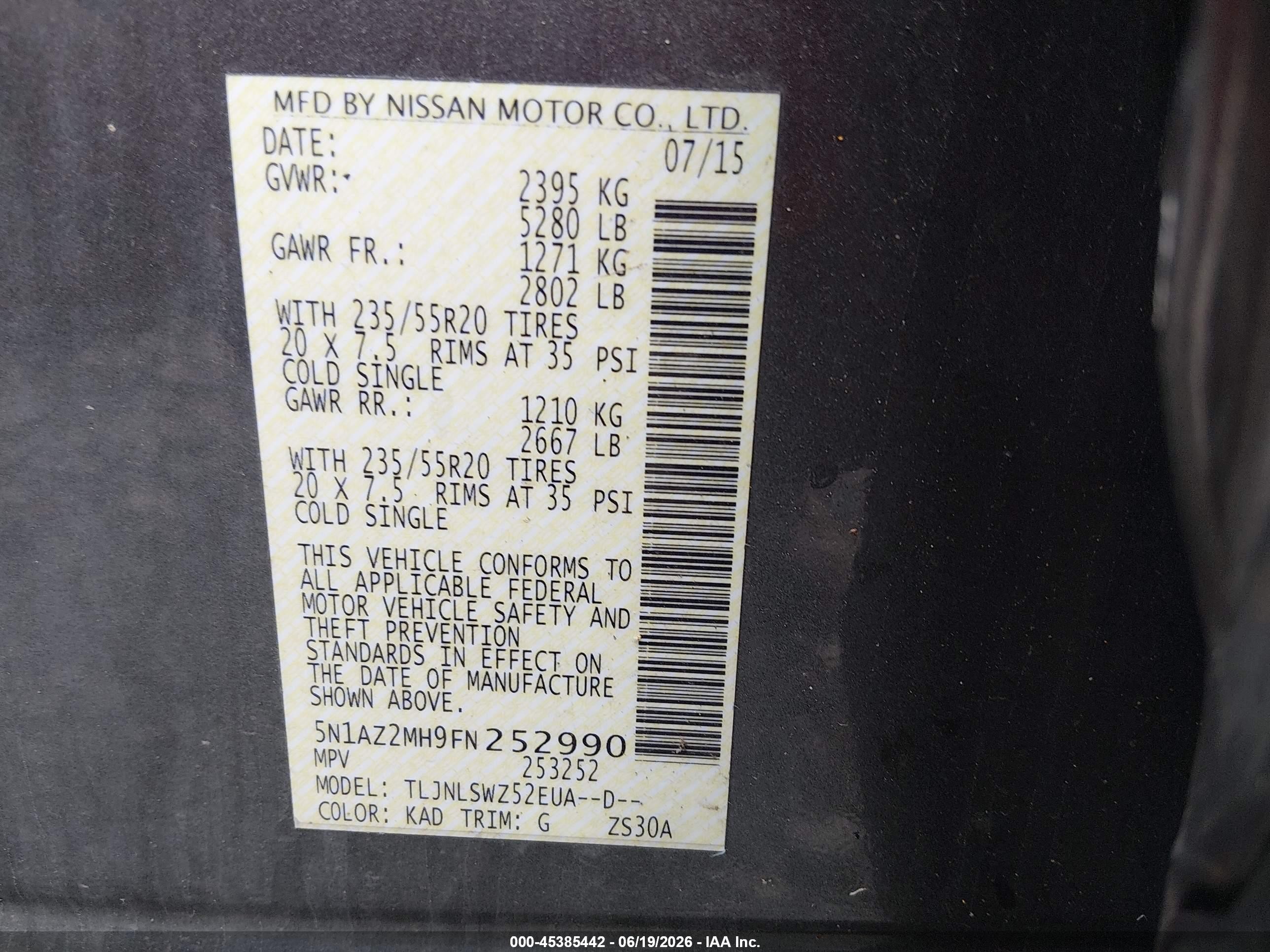 2015 Nissan Murano VIN 5N1AZ2MH9FN252990 IAAI salvage auction — Unknown, Salvage (West Virginia), sold $1,600 on 2026-09-09 (photo 9)