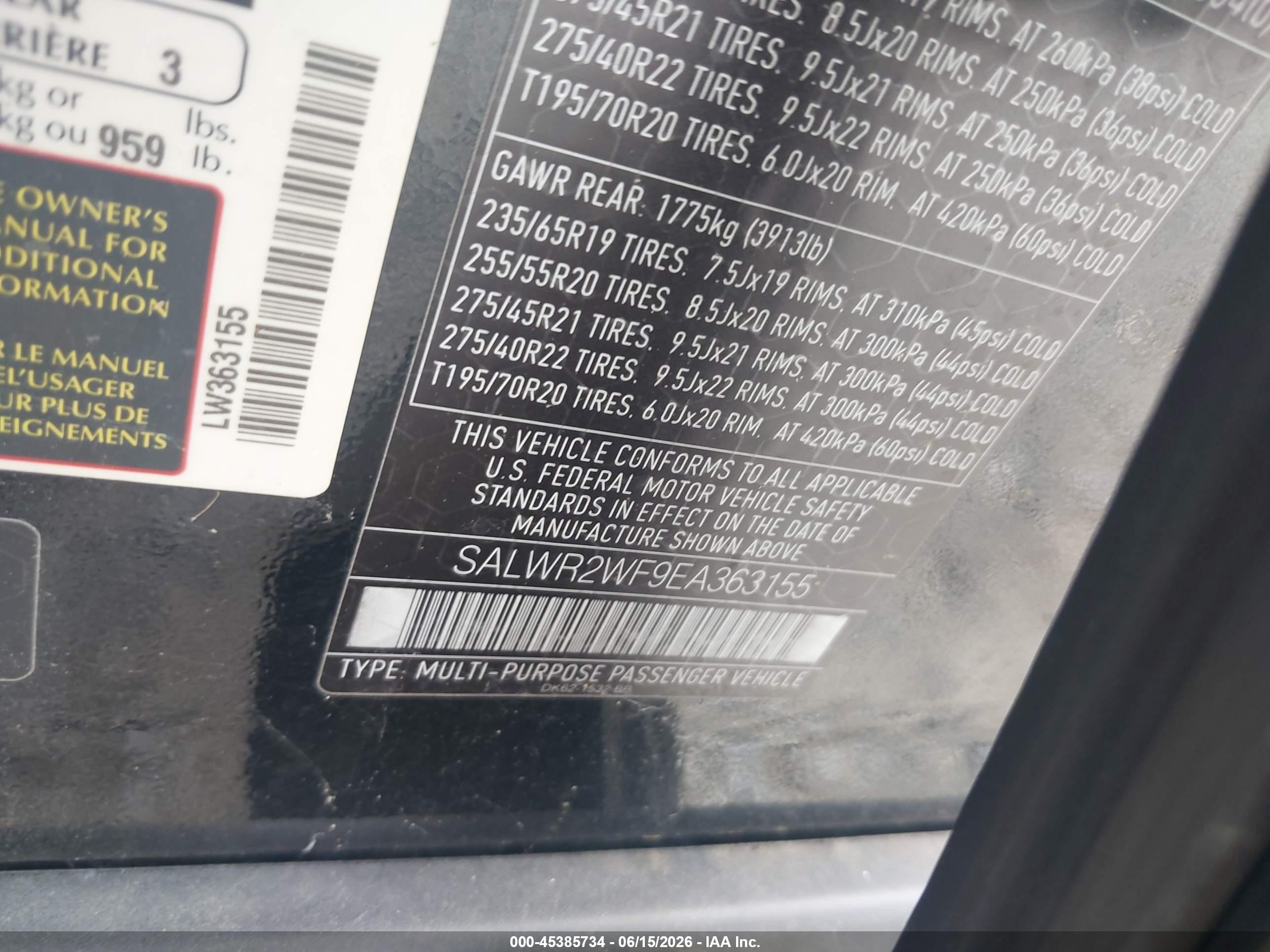 2014 Land Rover Range Rover Sport VIN SALWR2WF9EA363155 IAAI salvage auction — Normal Wear, Clear (Georgia), sold $2,025 on 2026-06-30 (photo 9)