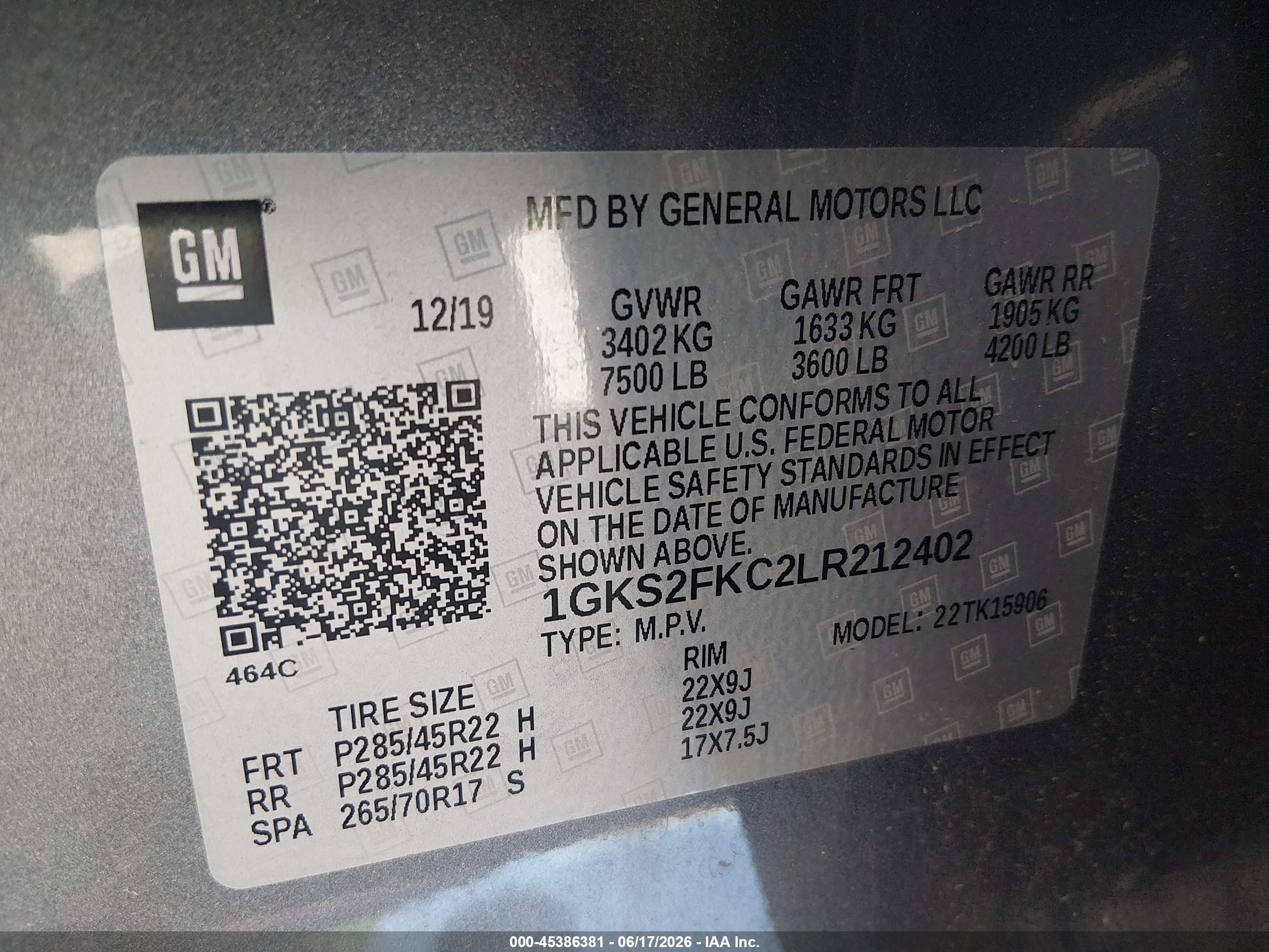 2020 Gmc VIN 1GKS2FKC2LR212402 IAAI salvage auction — Hail, Clear (Oklahoma), sold $8,400 on 2026-09-25 (photo 9)
