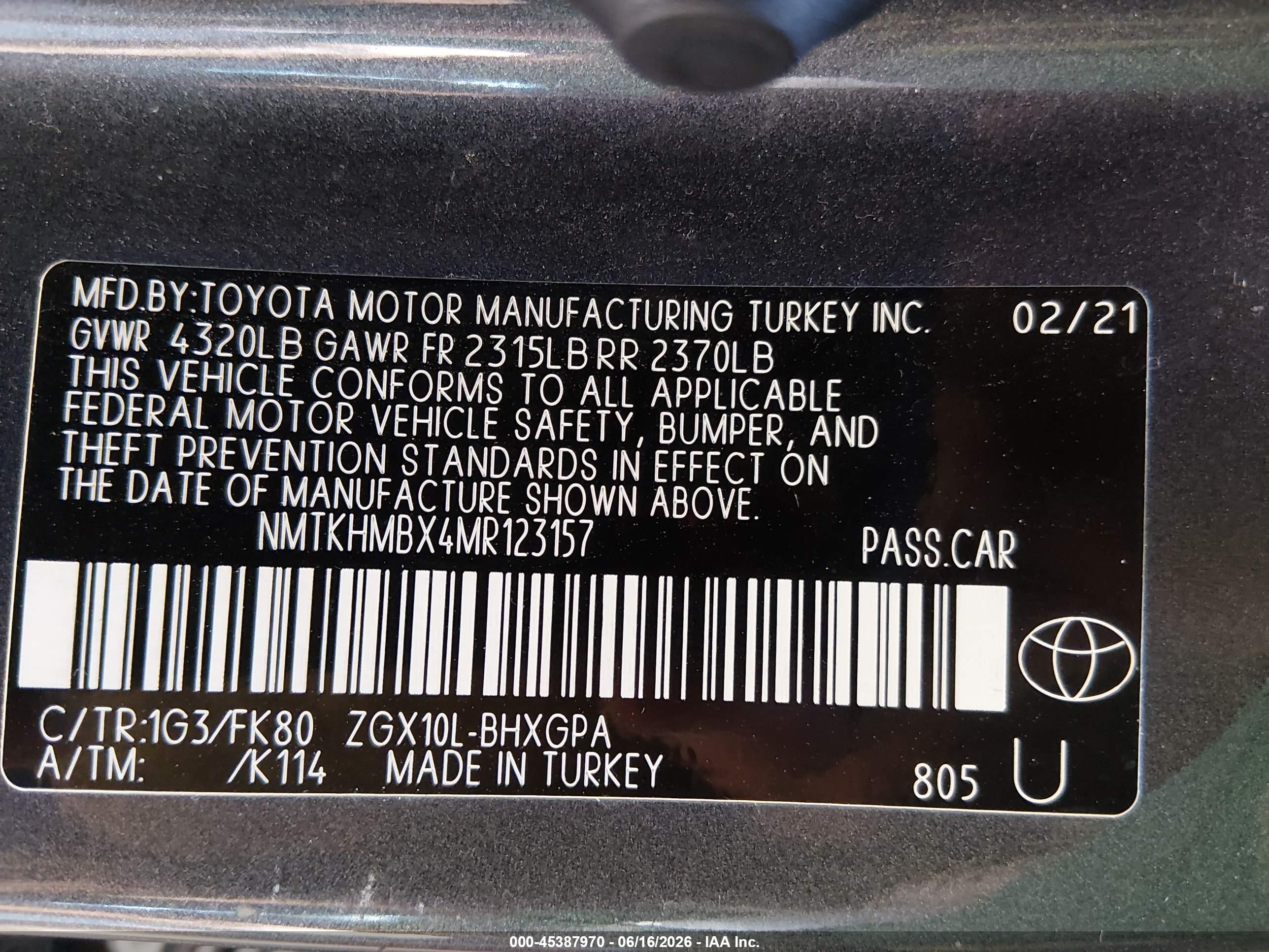 2021 Toyota C-HR VIN NMTKHMBX4MR123157 IAAI salvage auction — Side, Salvage (Kansas), sold $7,000 on 2026-09-10 (photo 9)