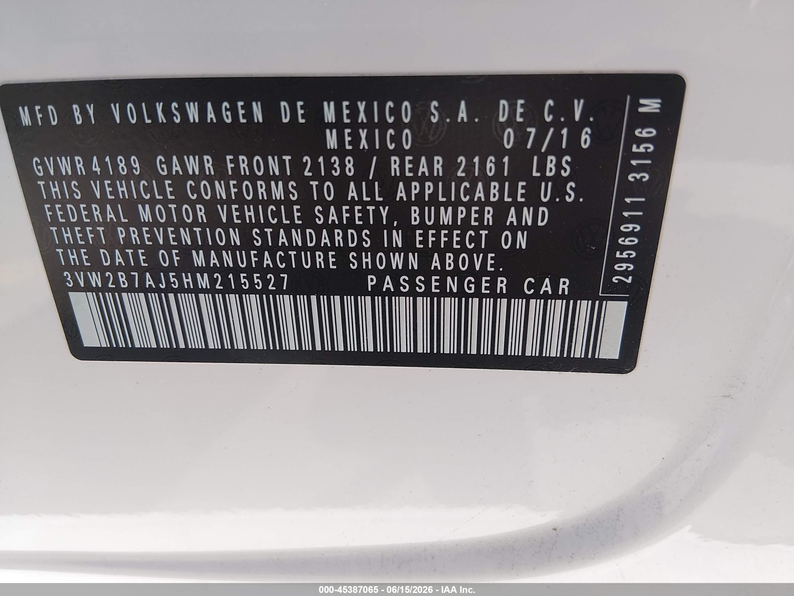 2017 Volkswagen Jetta VIN 3VW2B7AJ5HM215527 IAAI salvage auction — Front End, Salvage (Utah), sold $2,050 on 2026-07-09 (photo 9)
