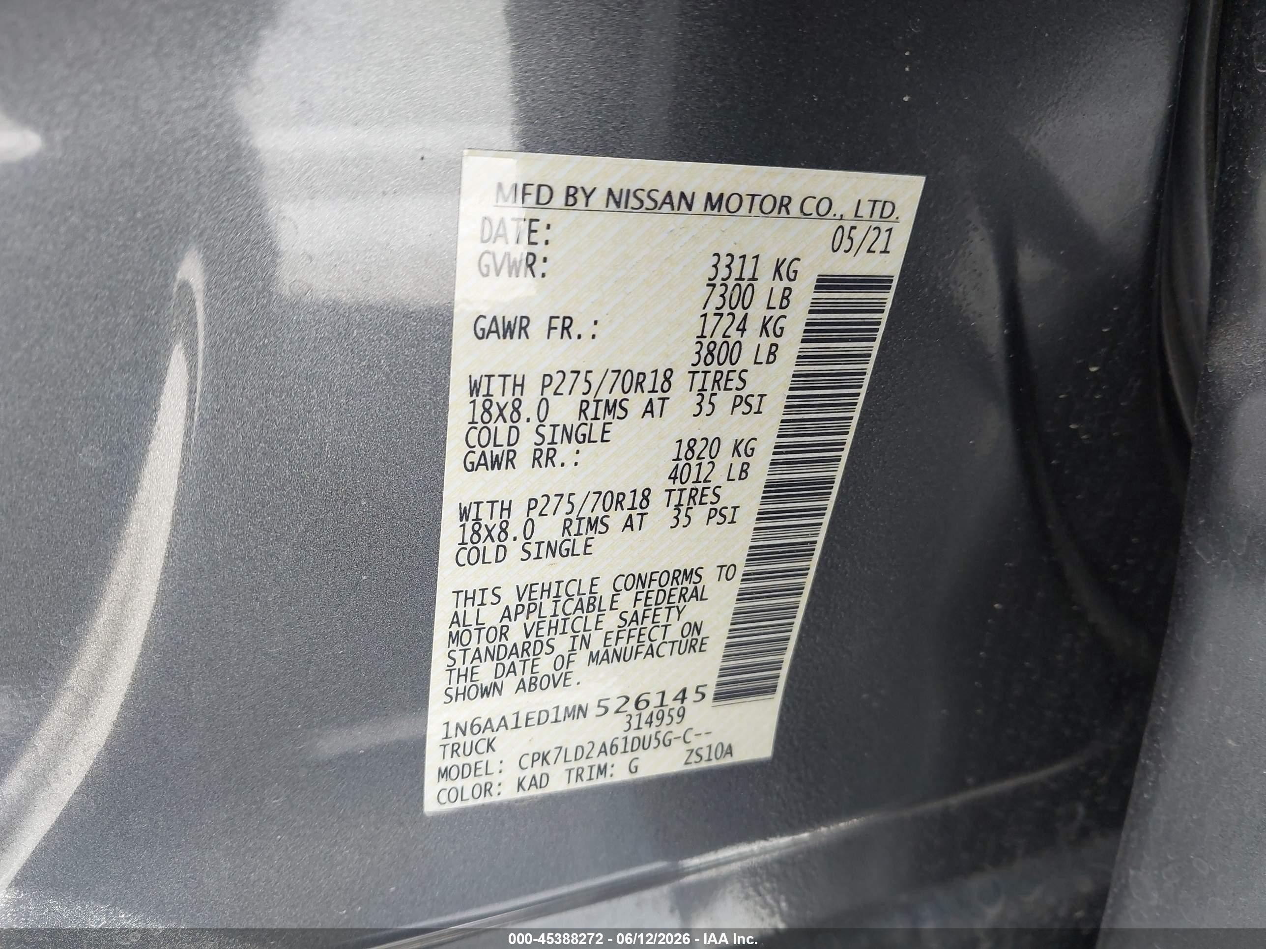 2021 Nissan Titan VIN 1N6AA1ED1MN526145 IAAI salvage auction — Front End, Salvage (Nevada), sold $14,200 on 2026-07-09 (photo 9)