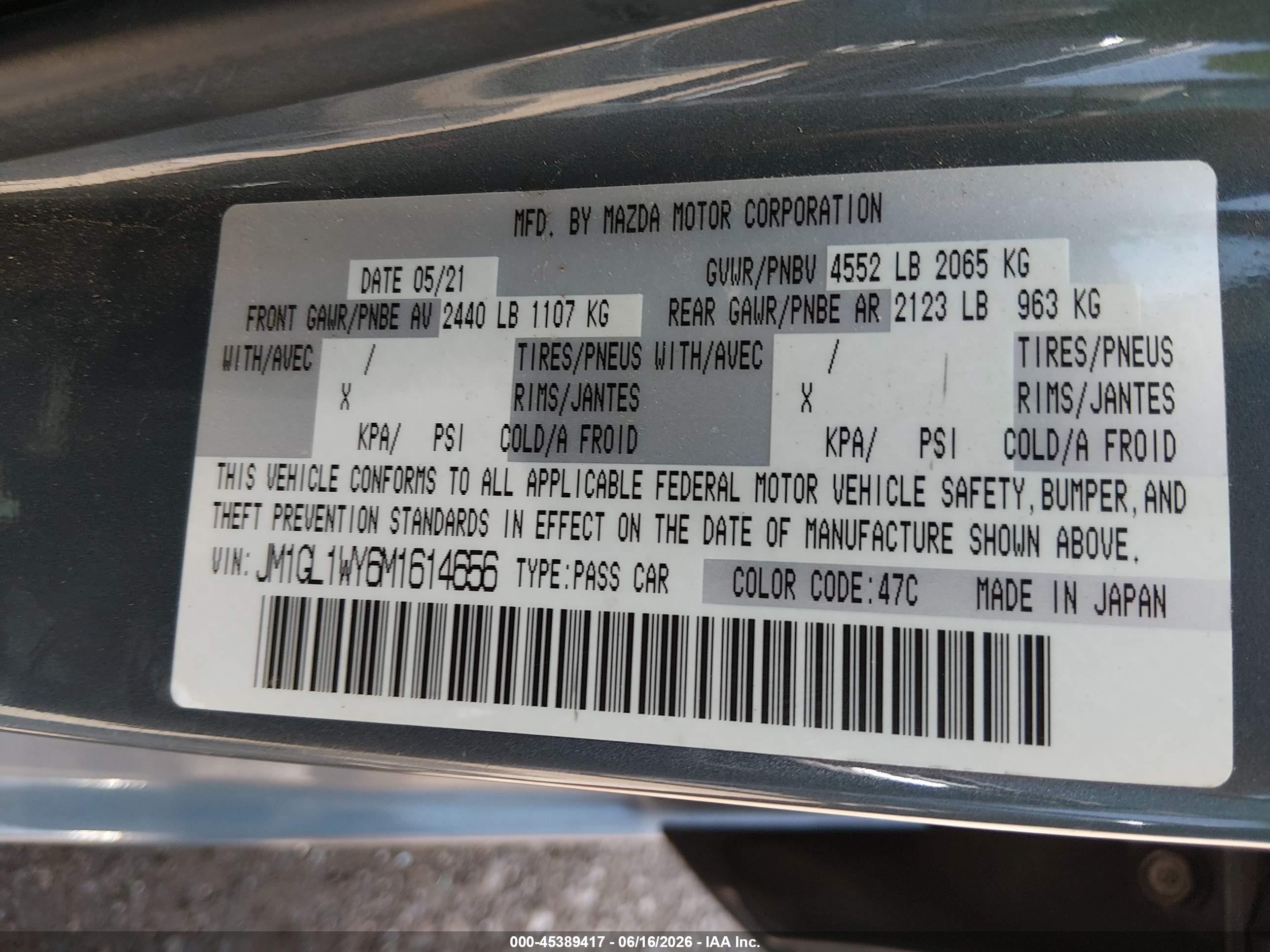 2021 Mazda 6 VIN JM1GL1WY6M1614656 IAAI salvage auction — Hail, Clear (Oklahoma), sold $7,300 on 2026-09-02 (photo 9)