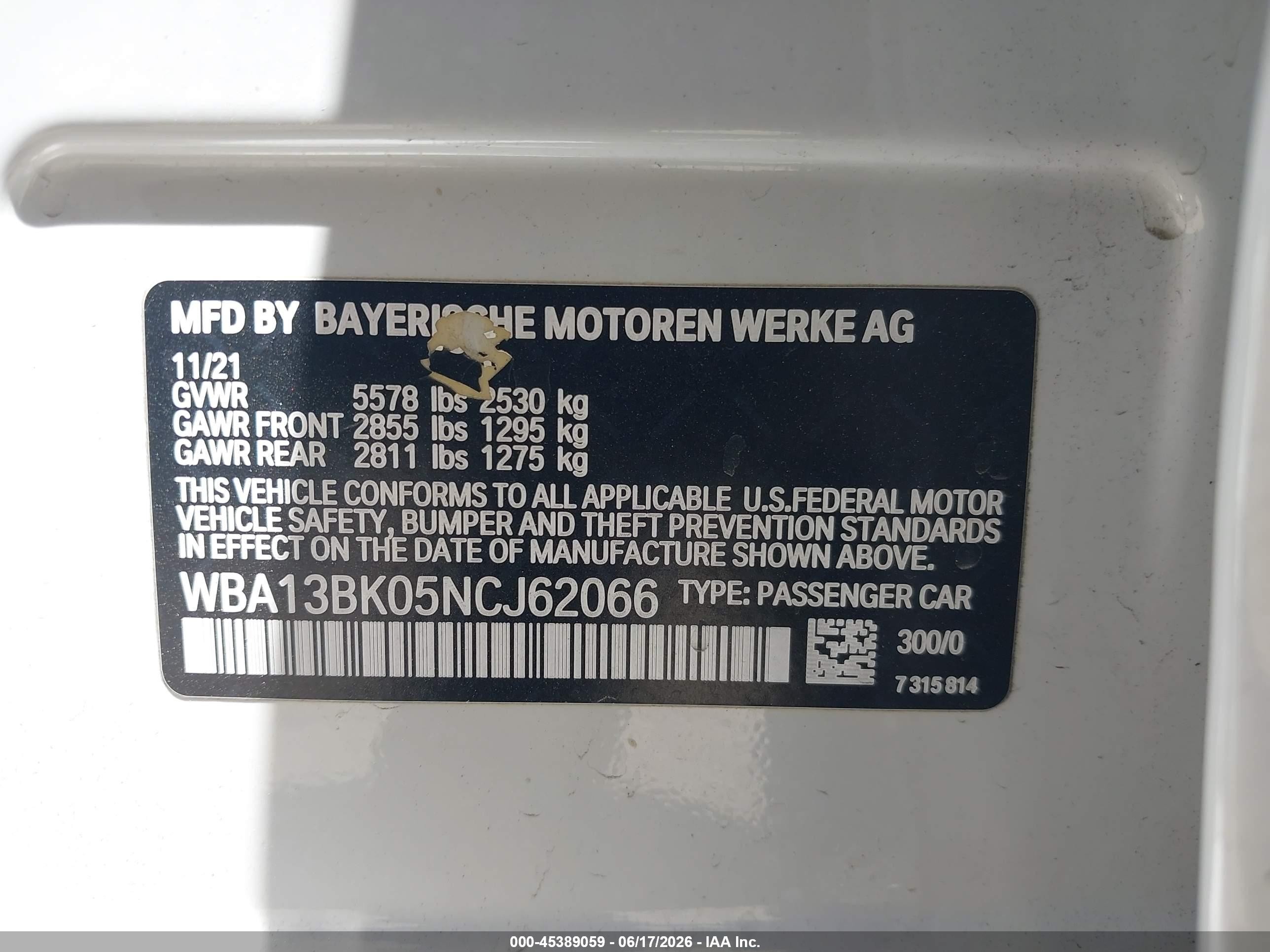 2022 BMW VIN WBA13BK05NCJ62066 IAAI salvage auction — Front & Rear, Salvage (California), sold $12,750 on 2026-09-09 (photo 9)