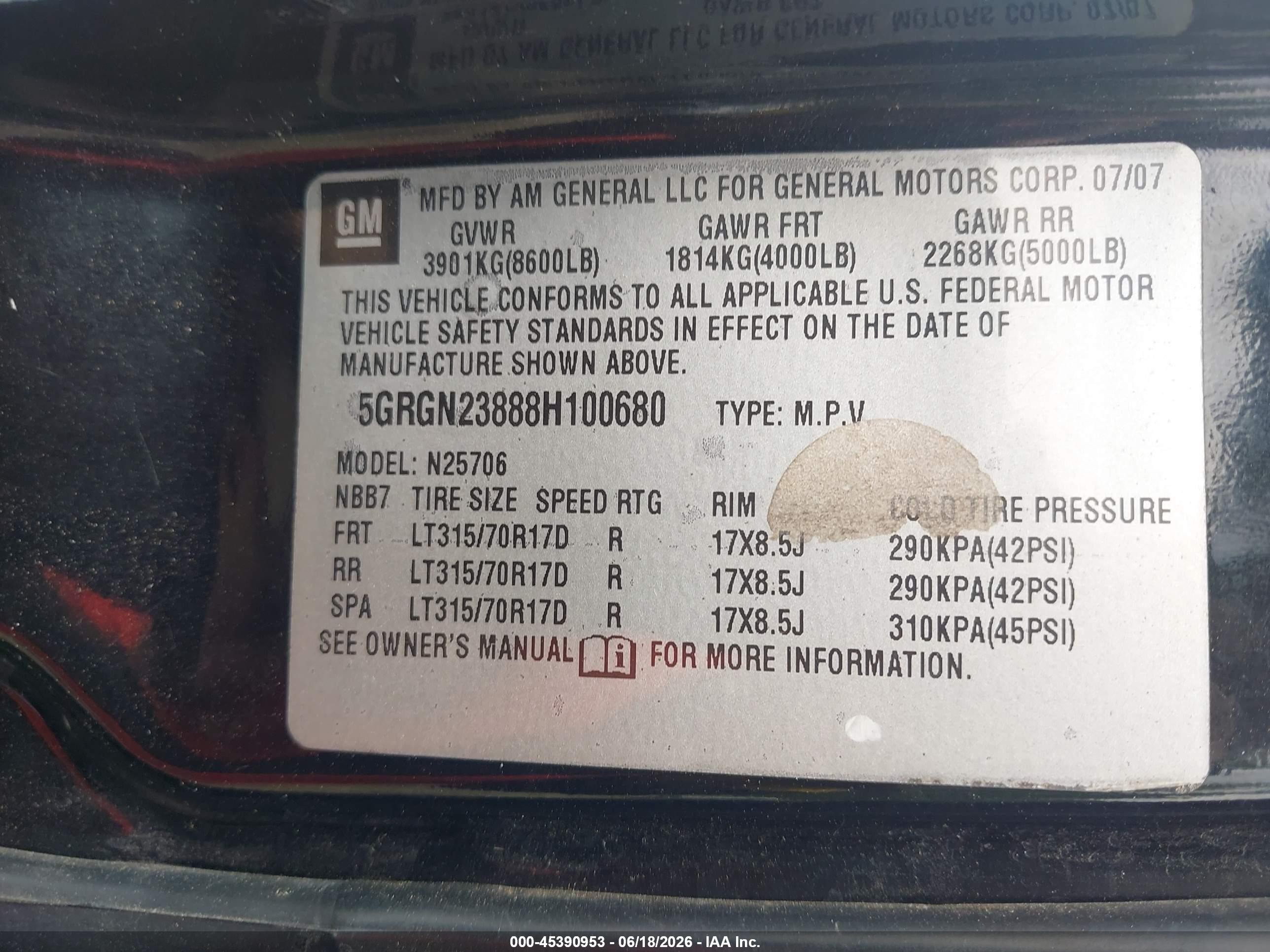 2008 Hummer H2 VIN 5GRGN23888H100680 IAAI salvage auction — Unknown, Salvage - Greater Than 75% (Maryland), sold $3,750 on 2026-10-01 (photo 9)