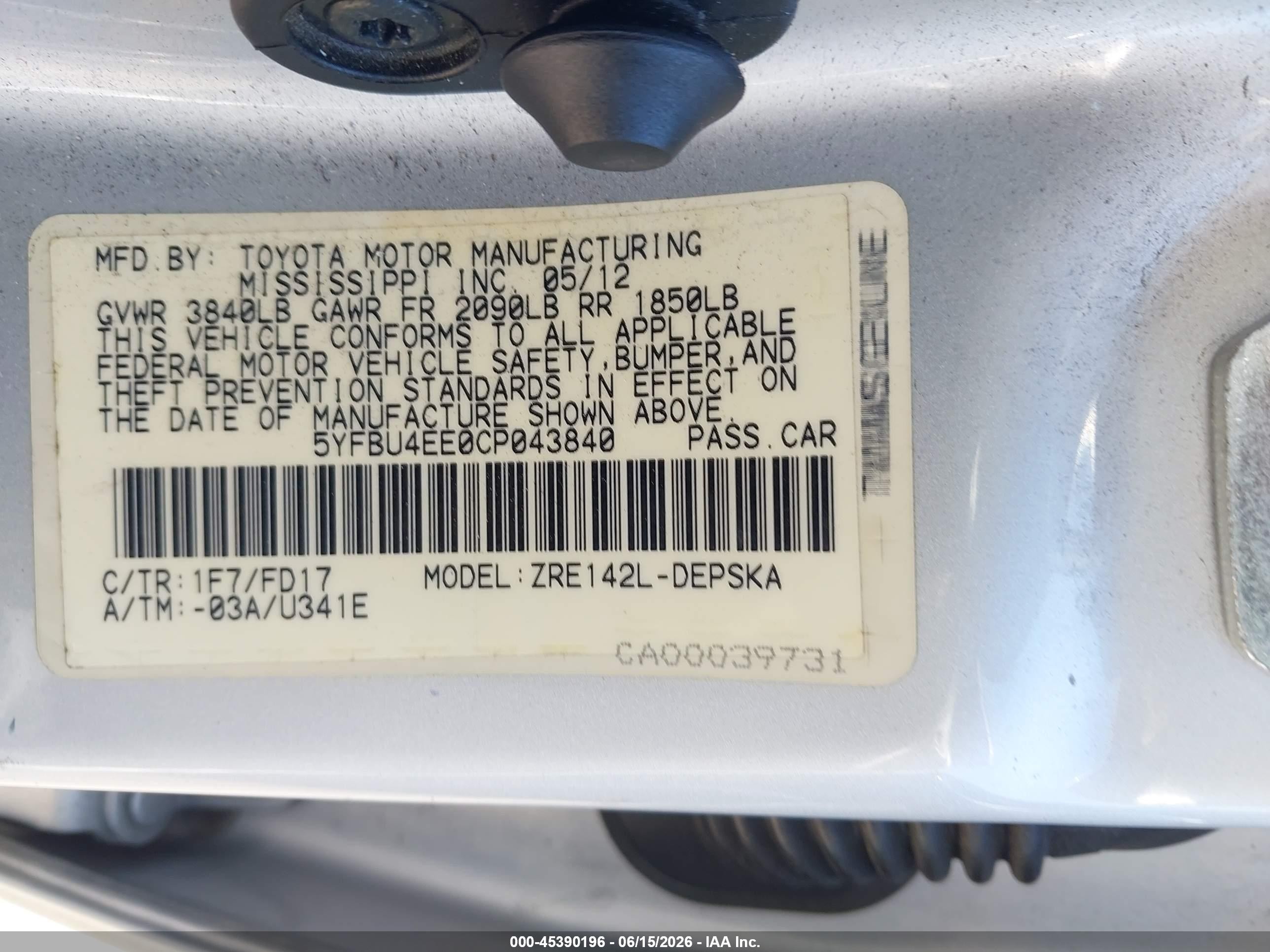 2012 Toyota Corolla VIN 5YFBU4EE0CP043840 IAAI salvage auction — Normal Wear, Salvage (California), sold $1,625 on 2026-07-02 (photo 9)