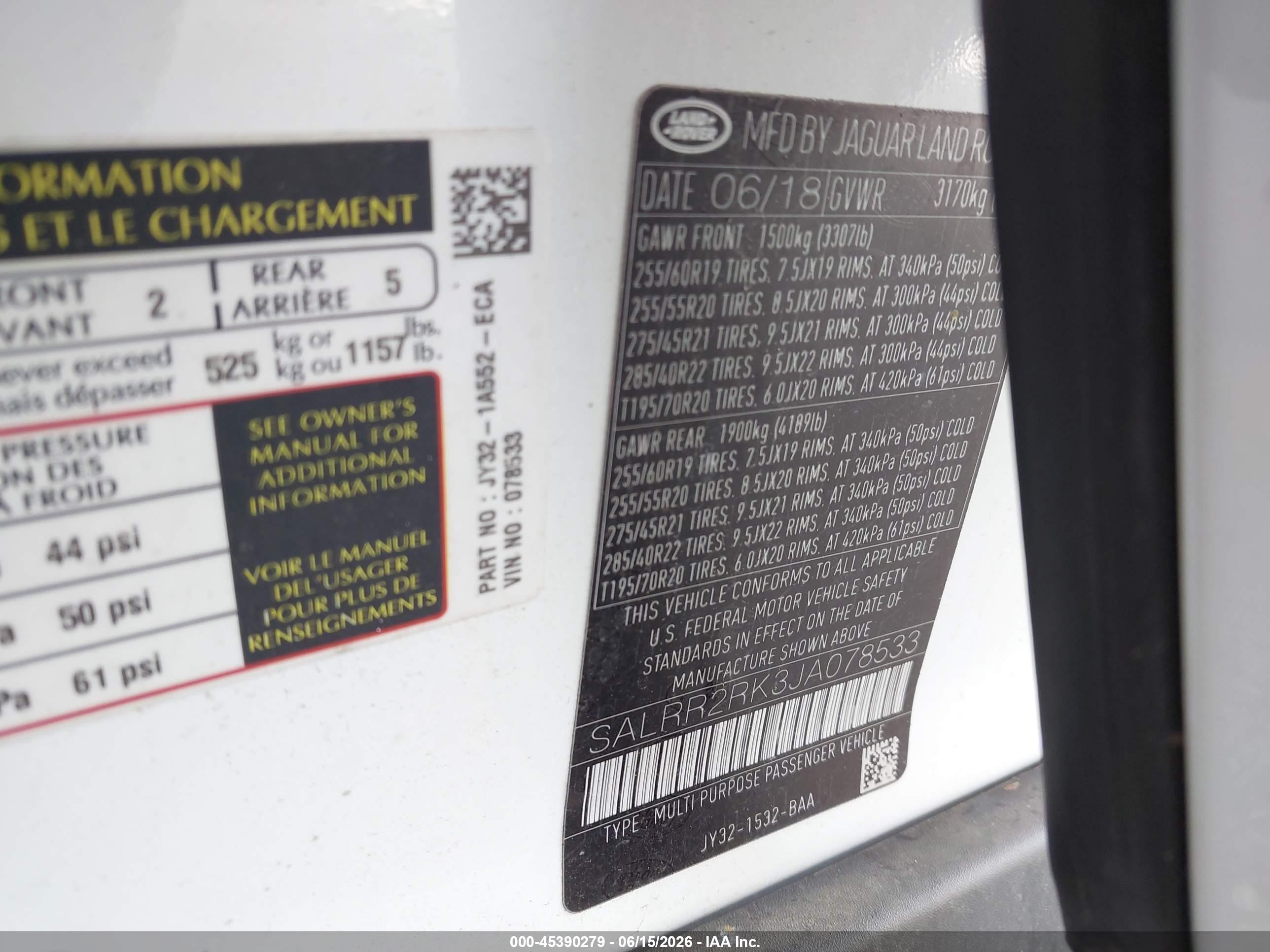 2018 Land Rover Discovery VIN SALRR2RK3JA078533 IAAI salvage auction — Normal Wear, Clear (Florida), sold $5,675 on 2026-06-30 (photo 9)