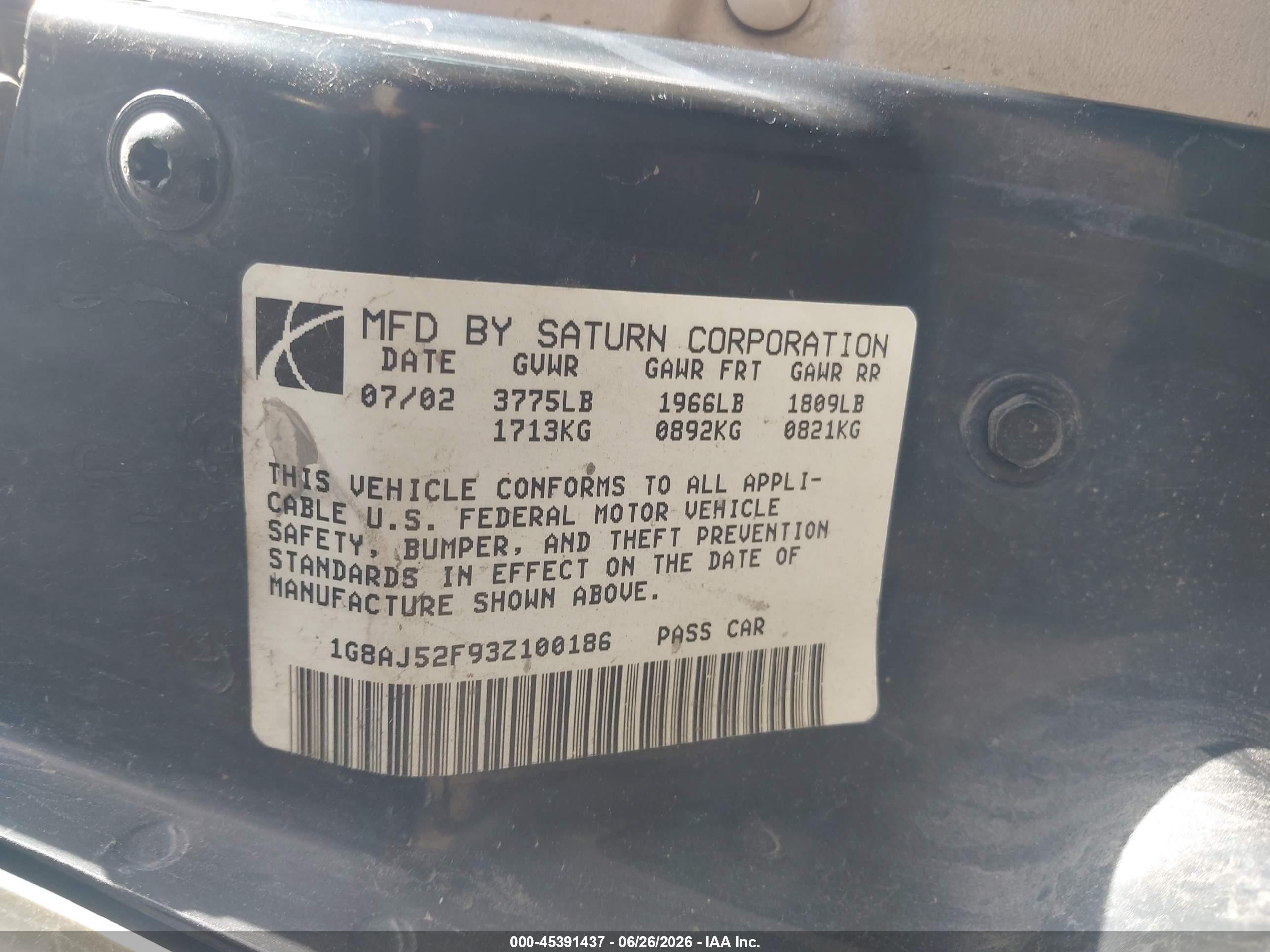2003 Saturn Ion VIN 1G8AJ52F93Z100186 IAAI salvage auction — Normal Wear, Clear (Utah), sold $275 on 2026-07-09 (photo 9)