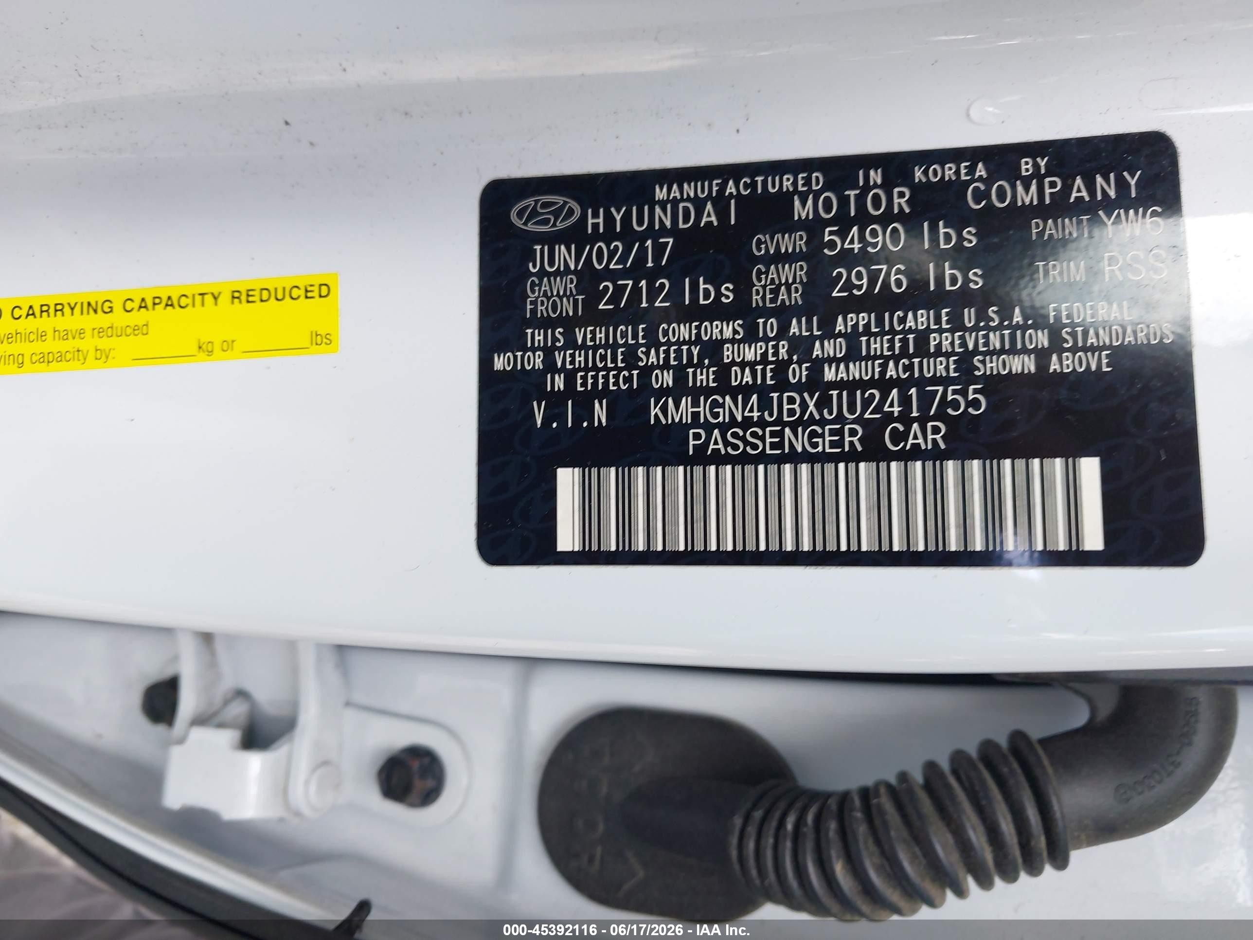 2018 Genesis G80 VIN KMHGN4JBXJU241755 IAAI salvage auction — Transmission Damage, Salvage (Georgia), sold $1,900 on 2026-09-11 (photo 9)