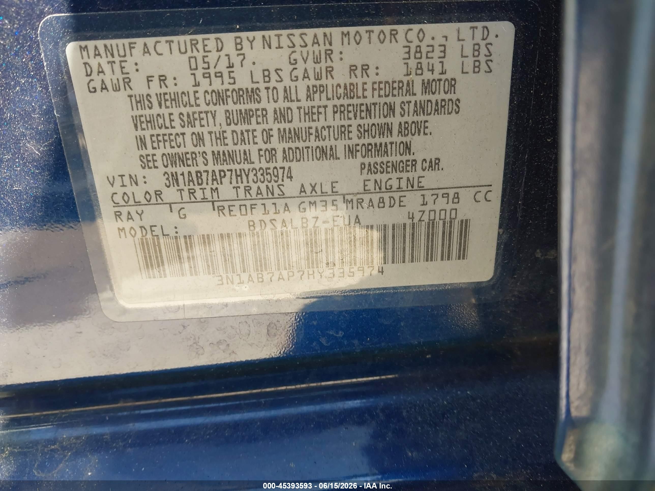 2017 Nissan Sentra VIN 3N1AB7AP7HY335974 IAAI salvage auction — Normal Wear, Clear - Dealer Only (California), sold $1,200 on 2026-07-09 (photo 9)