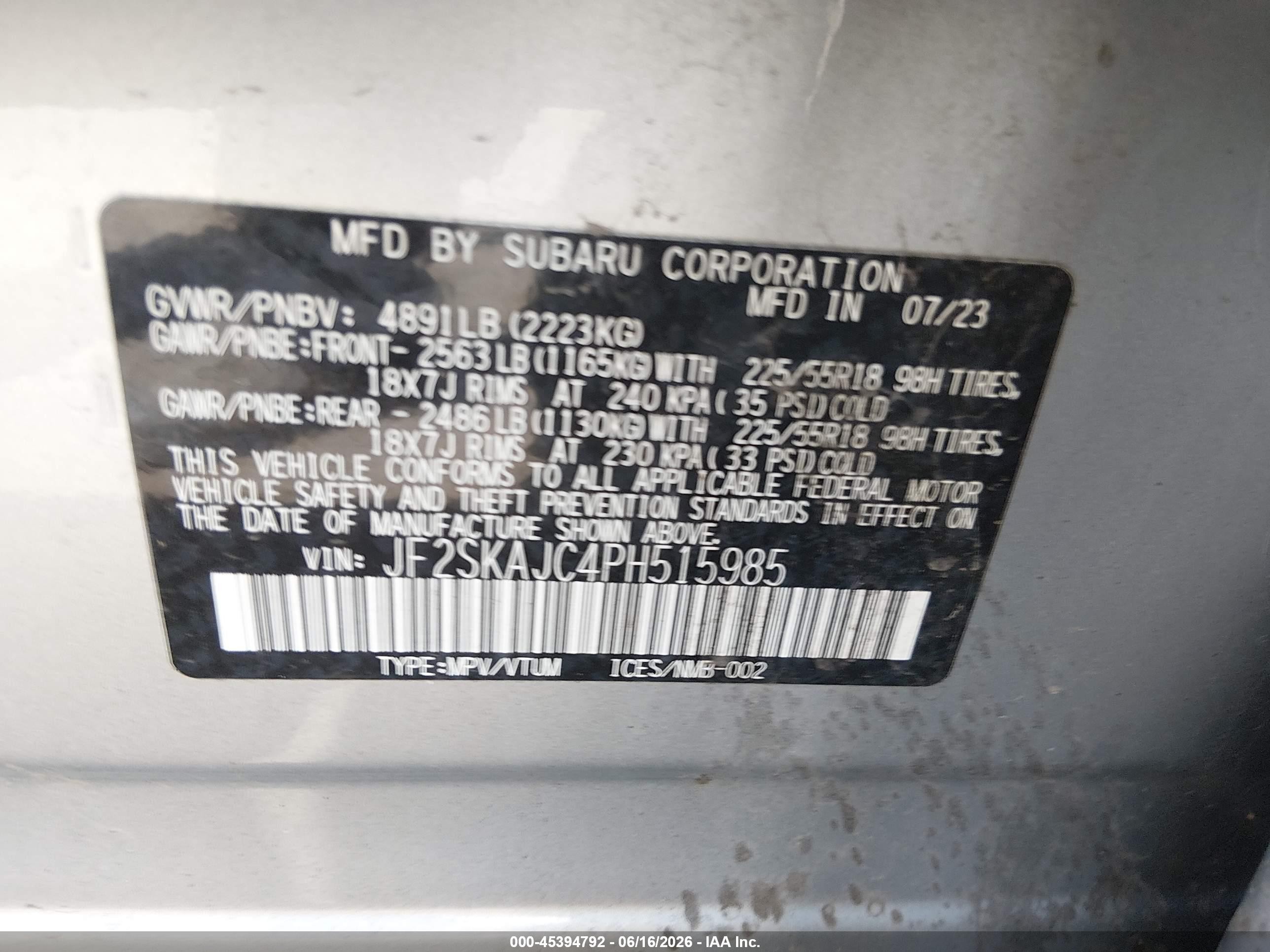 2023 Subaru Forester VIN JF2SKAJC4PH515985 IAAI salvage auction — Front End, Salvage (Pennsylvania), sold $4,100 on 2026-07-12 (photo 9)