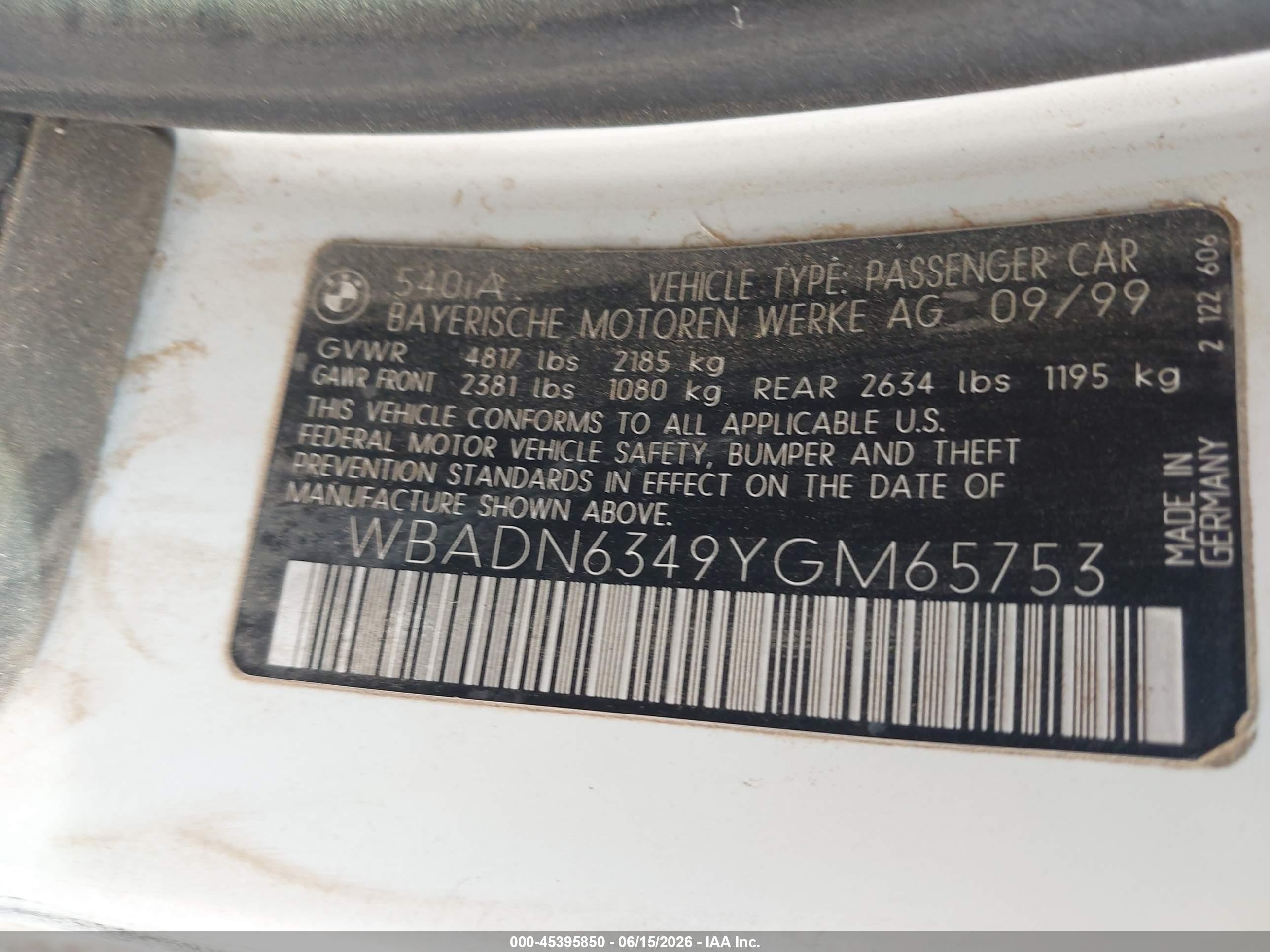 2000 BMW 5 Series VIN WBADN6349YGM65753 IAAI salvage auction — Normal Wear, Clear-Dealer Only (Arizona), sold $225 on 2026-07-02 (photo 9)