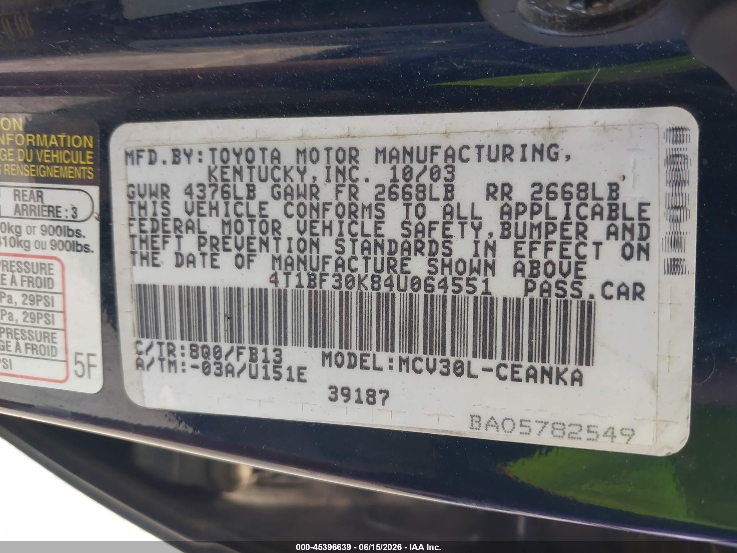 2004 Toyota Camry VIN 4T1BF30K84U064551 IAAI salvage auction — Normal Wear, Clear-Dealer Only (Oregon), sold $275 on 2026-07-09 (photo 9)