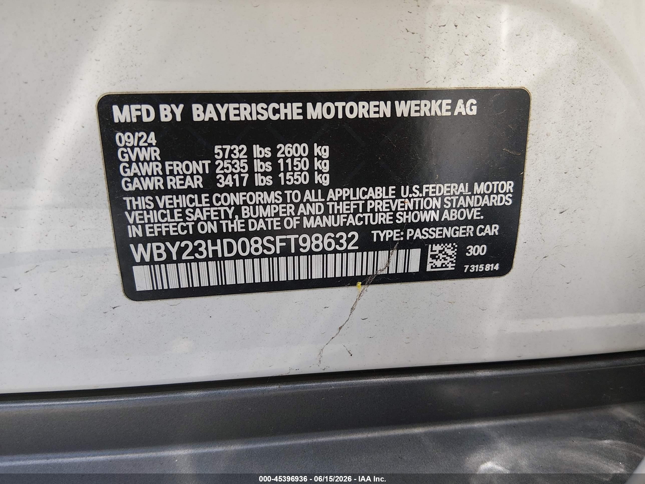 2025 BMW i4 VIN WBY23HD08SFT98632 IAAI salvage auction — Front End, Salvage (California), sold $22,750 on 2026-07-09 (photo 9)