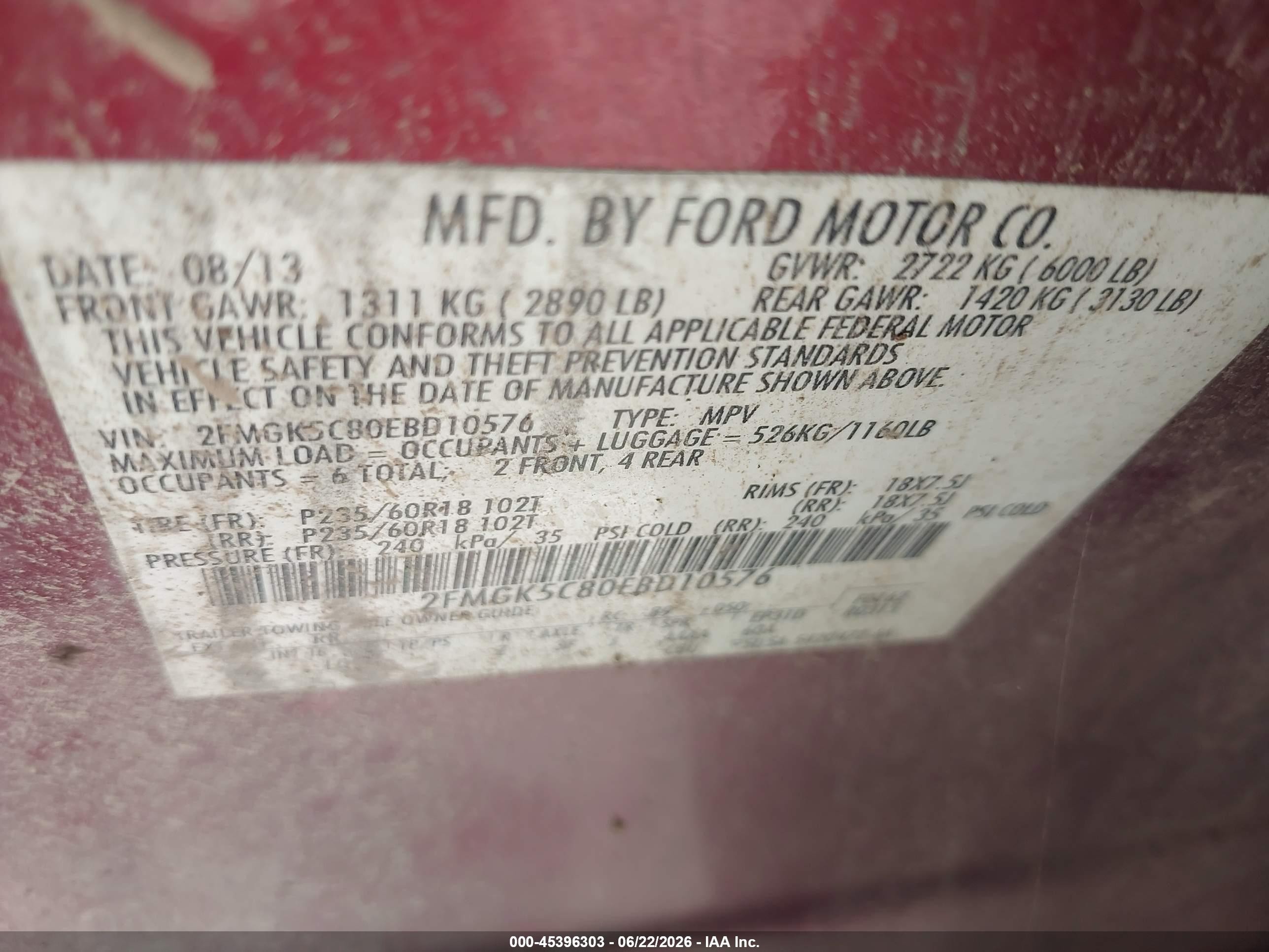 2014 Ford Flex VIN 2FMGK5C80EBD10576 IAAI salvage auction — Normal Wear, Clear (Idaho), sold $350 on 2026-07-02 (photo 9)