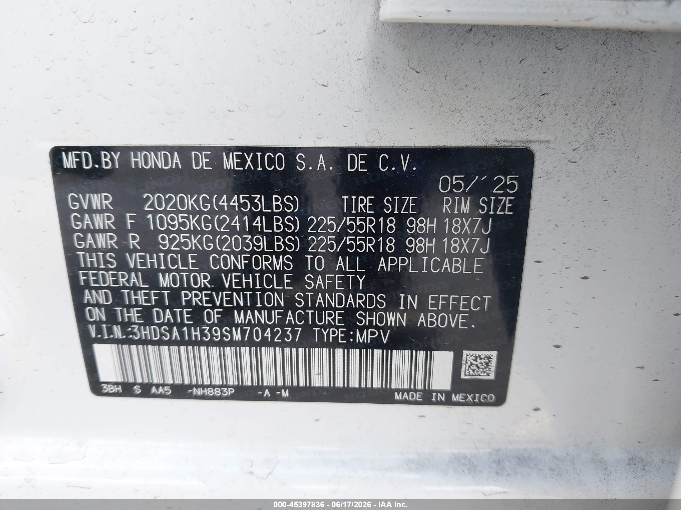 2025 Acura ADX VIN 3HDSA1H39SM704237 IAAI salvage auction — Biohazard/Chemical, Salvage (California), sold $7,600 on 2026-09-19 (photo 9)
