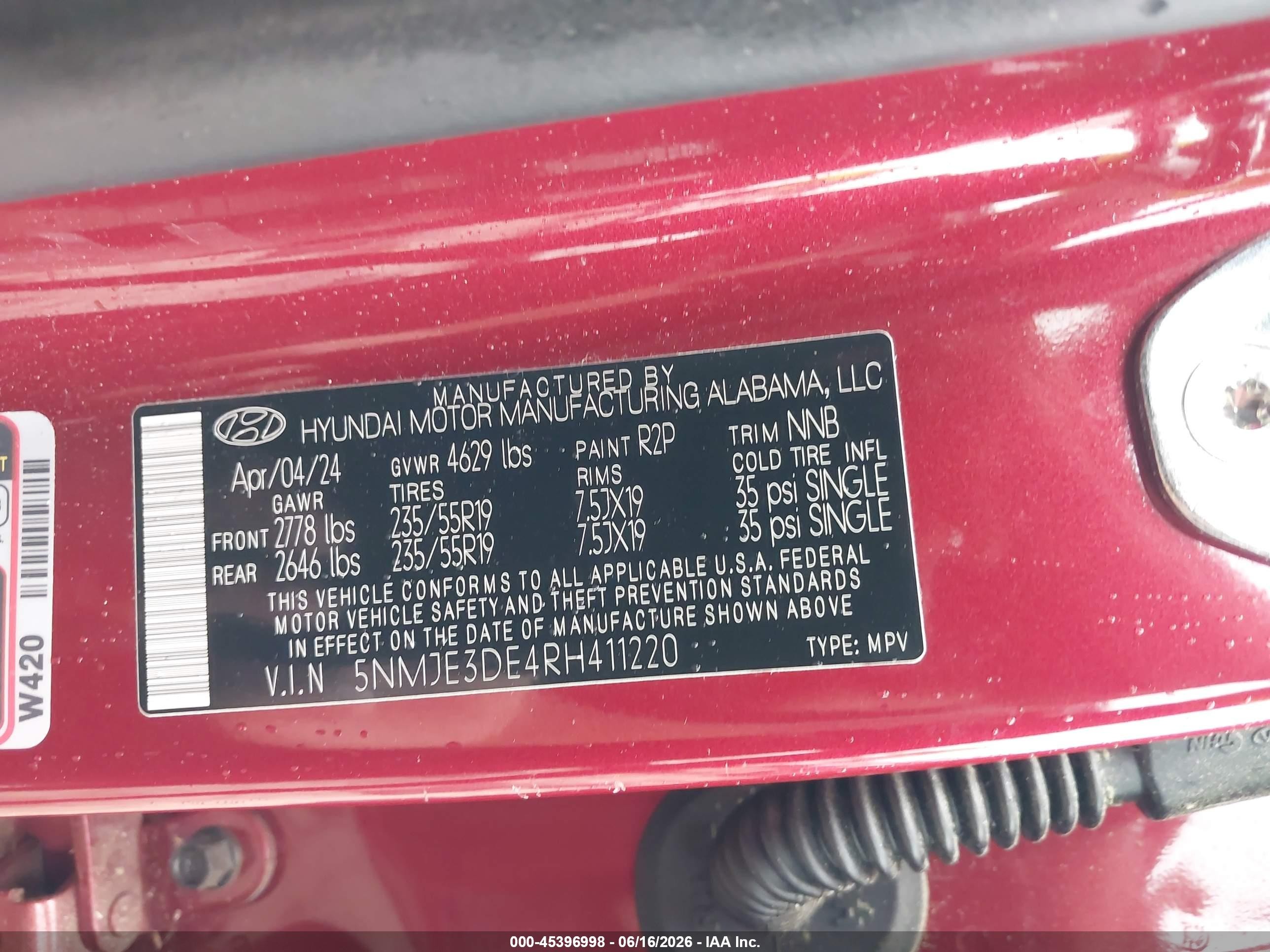 2024 Hyundai Tucson VIN 5NMJE3DE4RH411220 IAAI salvage auction — Side, Salvage (Georgia), sold $11,100 on 2026-09-09 (photo 9)