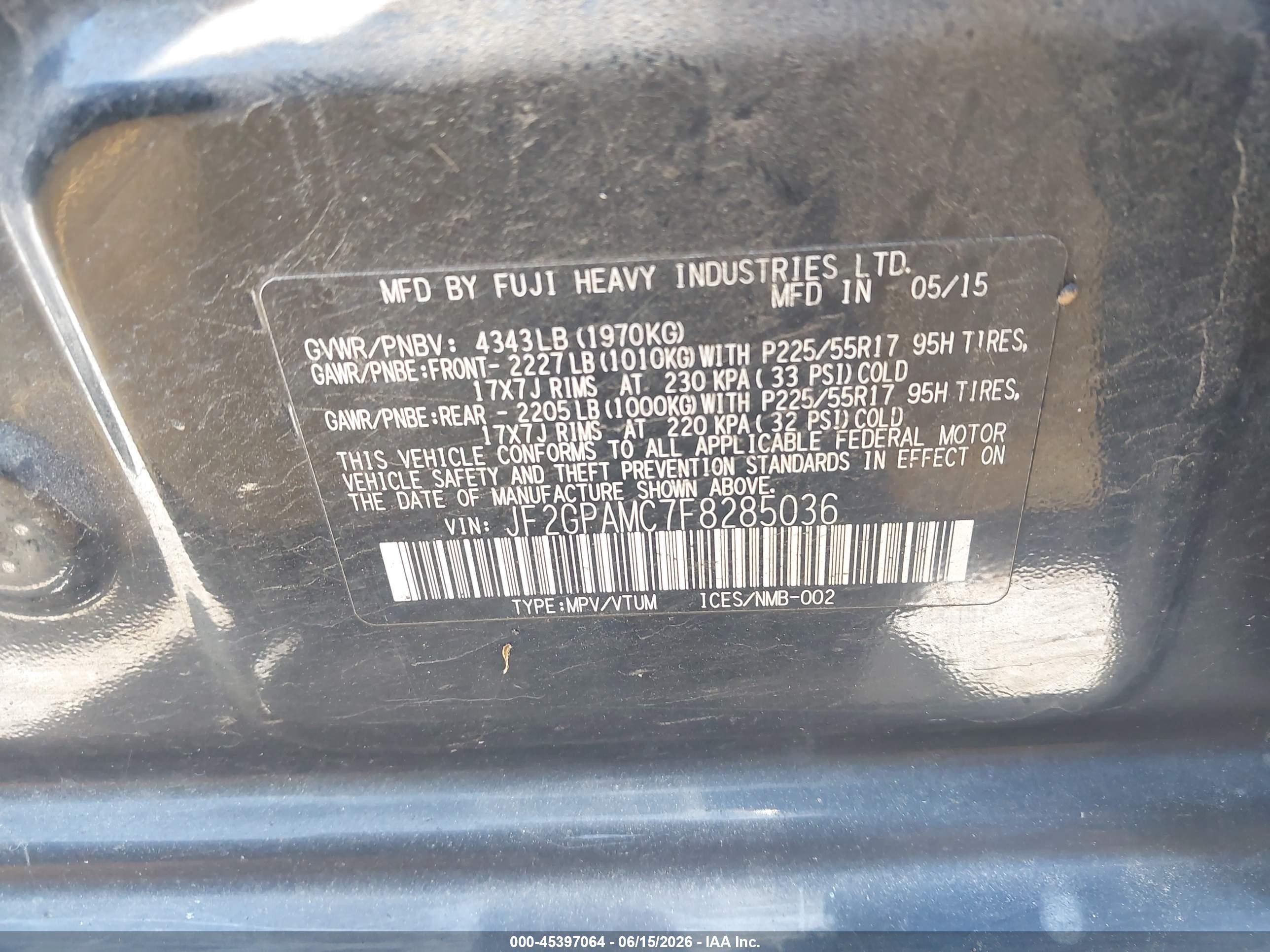 2015 Subaru XV Crosstrek VIN JF2GPAMC7F8285036 IAAI salvage auction — Normal Wear, Clear (Connecticut), sold $825 on 2026-07-09 (photo 9)