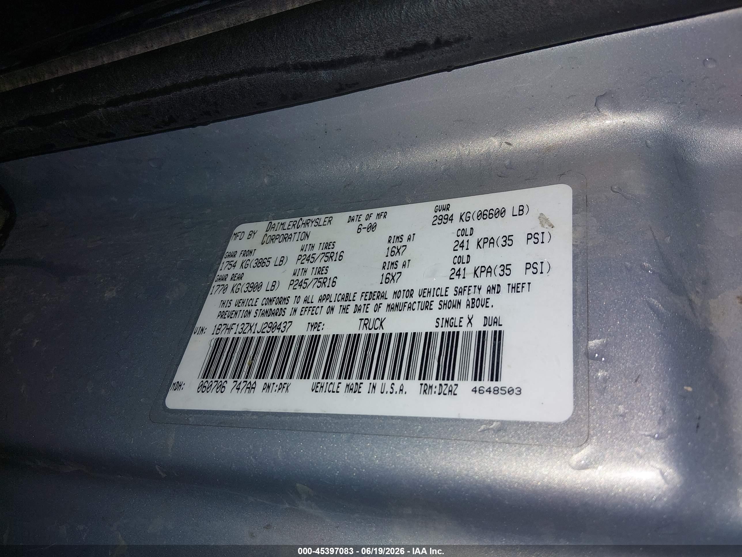 2001 Dodge Ram 1500 VIN 1B7HF13ZX1J290437 IAAI salvage auction — Front End, Salvage (Idaho), sold $250 on 2026-07-10 (photo 9)