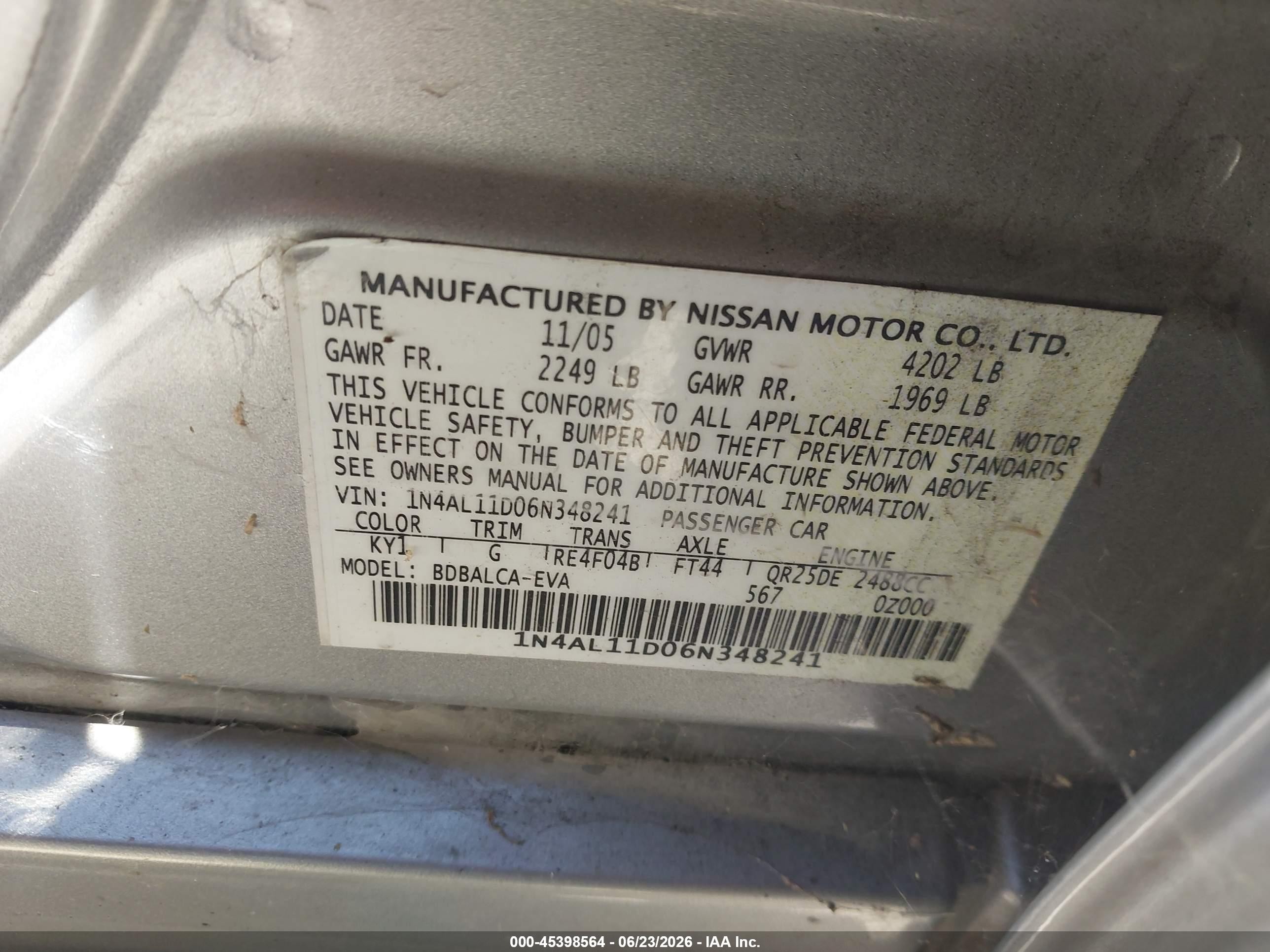 2006 Nissan Altima VIN 1N4AL11D06N348241 IAAI salvage auction — Normal Wear, Clear - Dealer Only (California), sold $200 on 2026-07-02 (photo 9)