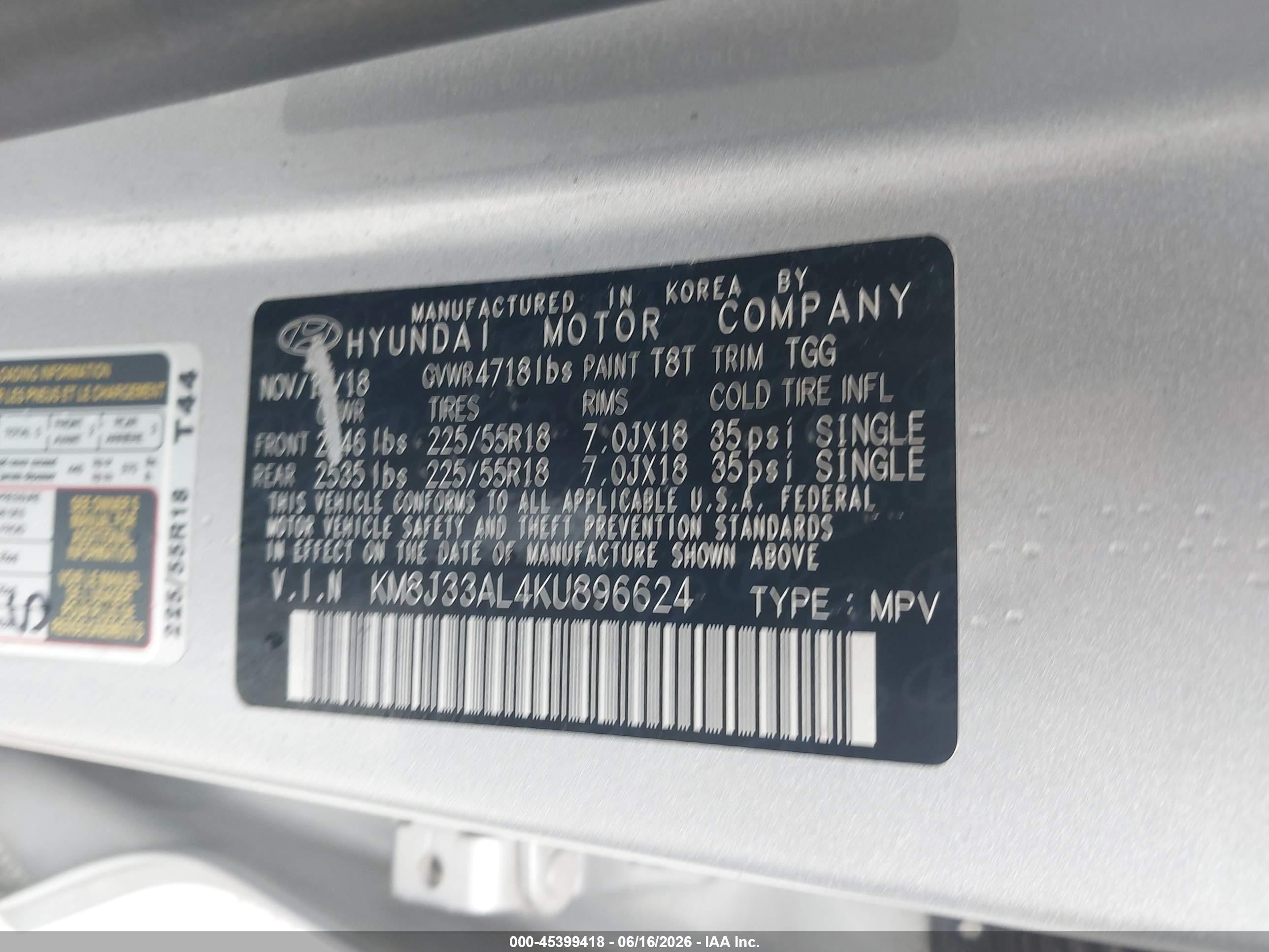 2019 Hyundai Tucson VIN KM8J33AL4KU896624 IAAI salvage auction — Front End, Salvage (Georgia), sold $2,900 on 2026-09-08 (photo 9)