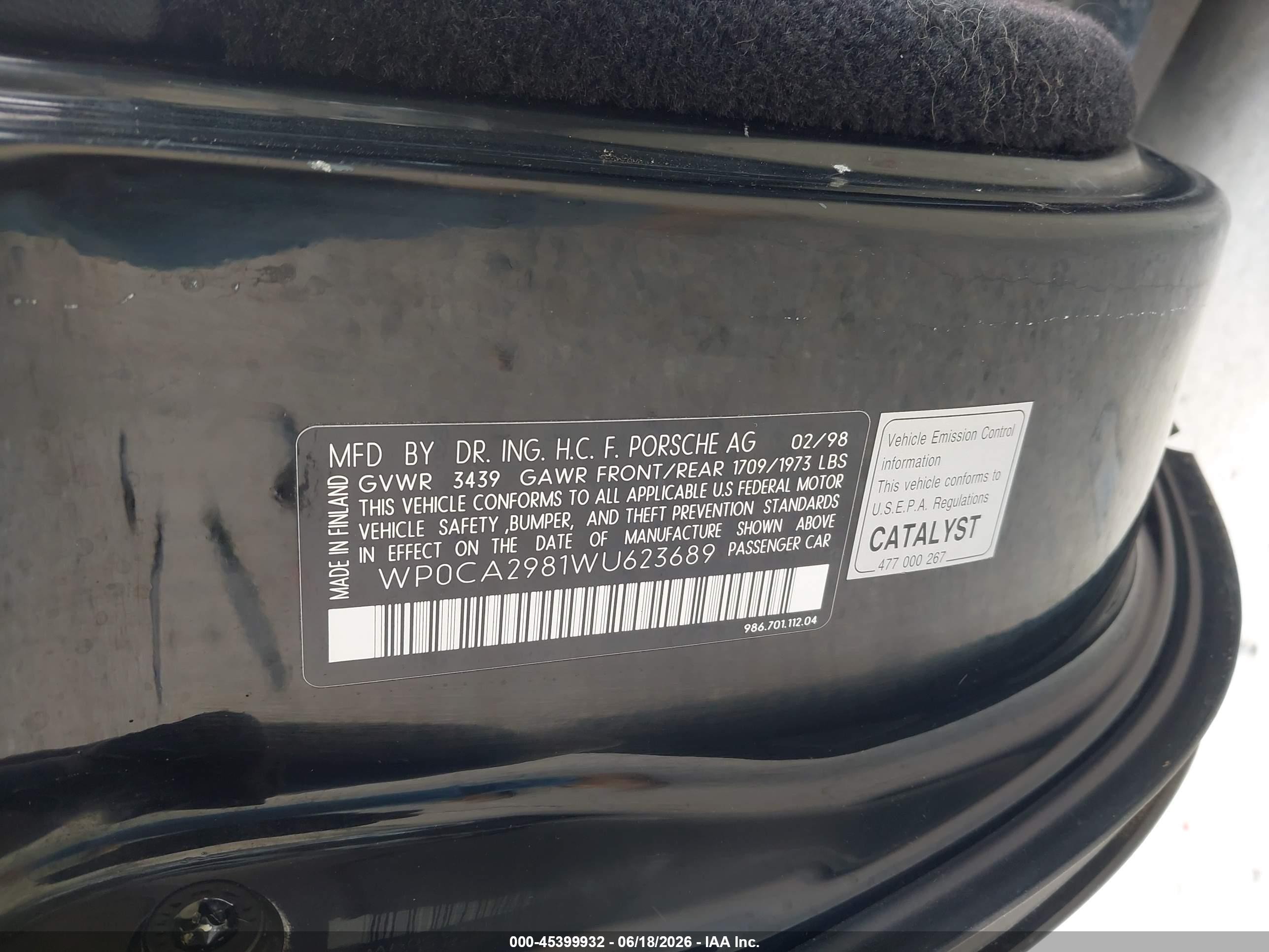 1998 Porsche Boxster VIN WP0CA2981WU623689 IAAI salvage auction — Normal Wear, Original (New Hampshire), sold $1,550 on 2026-07-01 (photo 9)