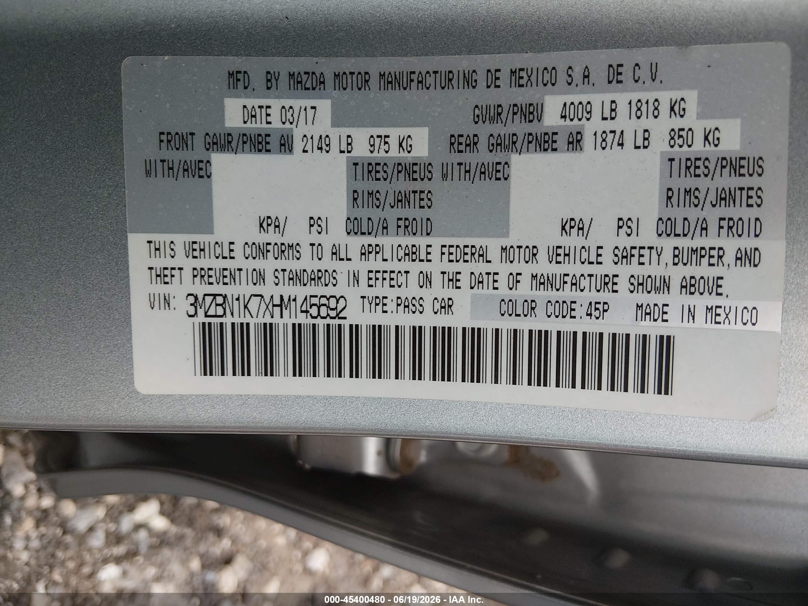 2017 Mazda 3 VIN 3MZBN1K7XHM145692 IAAI salvage auction — Unknown, Wait Title, sold $1,900 on 2026-09-20 (photo 9)