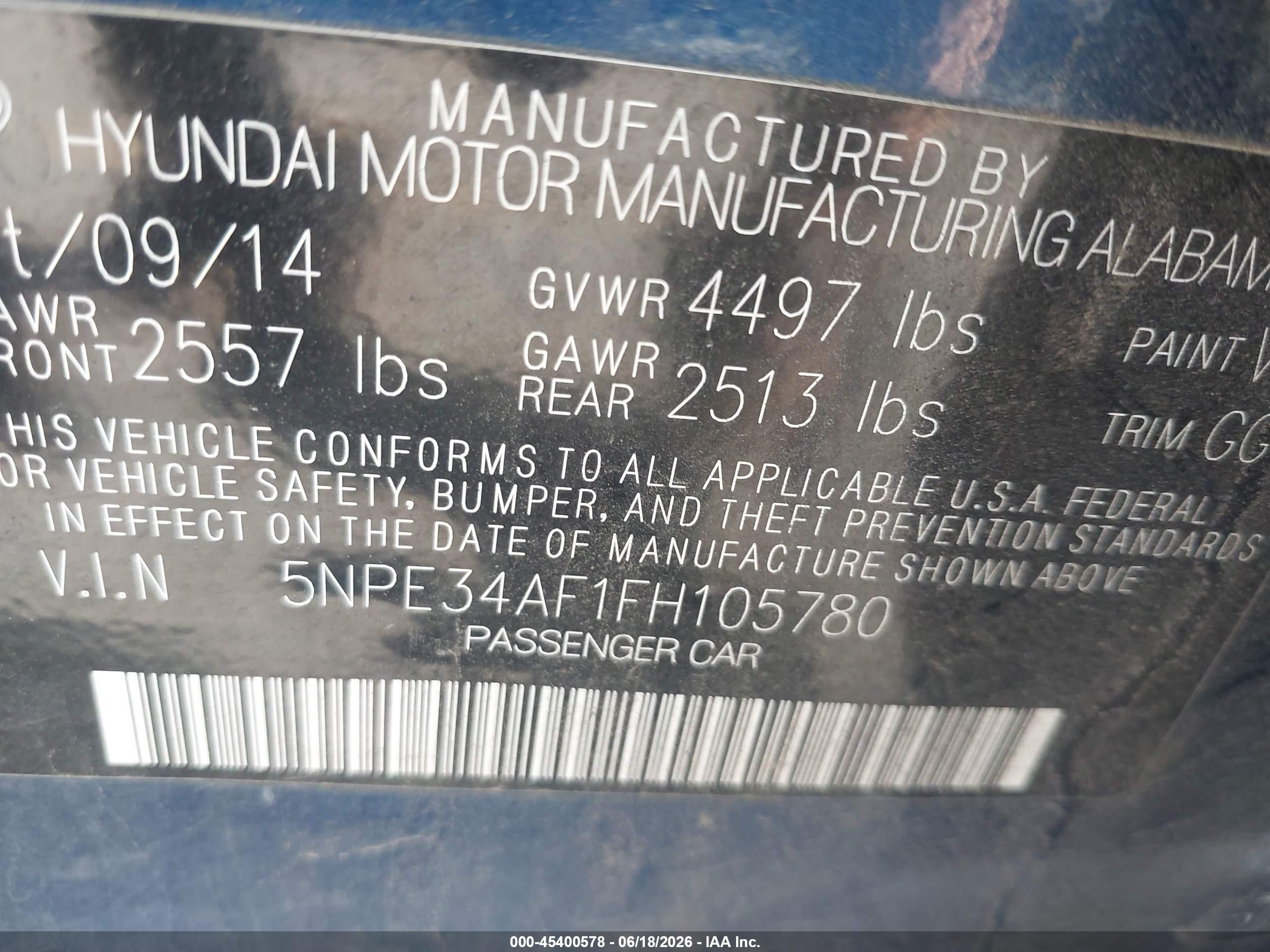 2015 Hyundai Sonata VIN 5NPE34AF1FH105780 IAAI salvage auction — Normal Wear, Clear (Idaho), sold $650 on 2026-07-09 (photo 9)