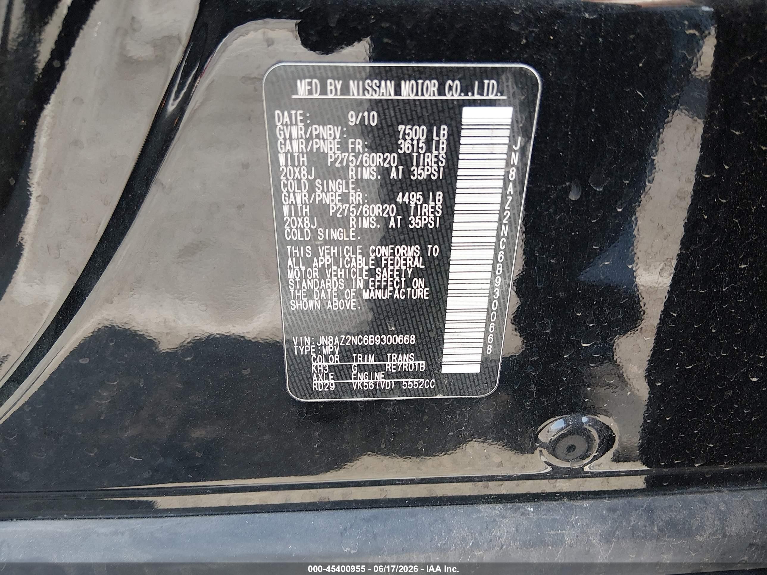 2011 Infiniti QX56 VIN JN8AZ2NC6B9300668 IAAI salvage auction — Suspension, Lien Papers (California), sold $825 on 2026-07-09 (photo 9)