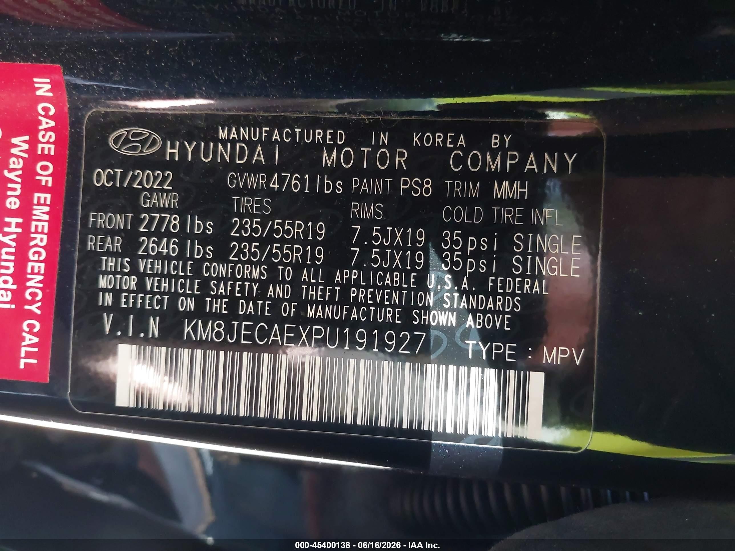 2023 Hyundai Tucson VIN KM8JECAEXPU191927 IAAI salvage auction — Front End, Salvage (Idaho), sold $6,200 on 2026-09-15 (photo 9)