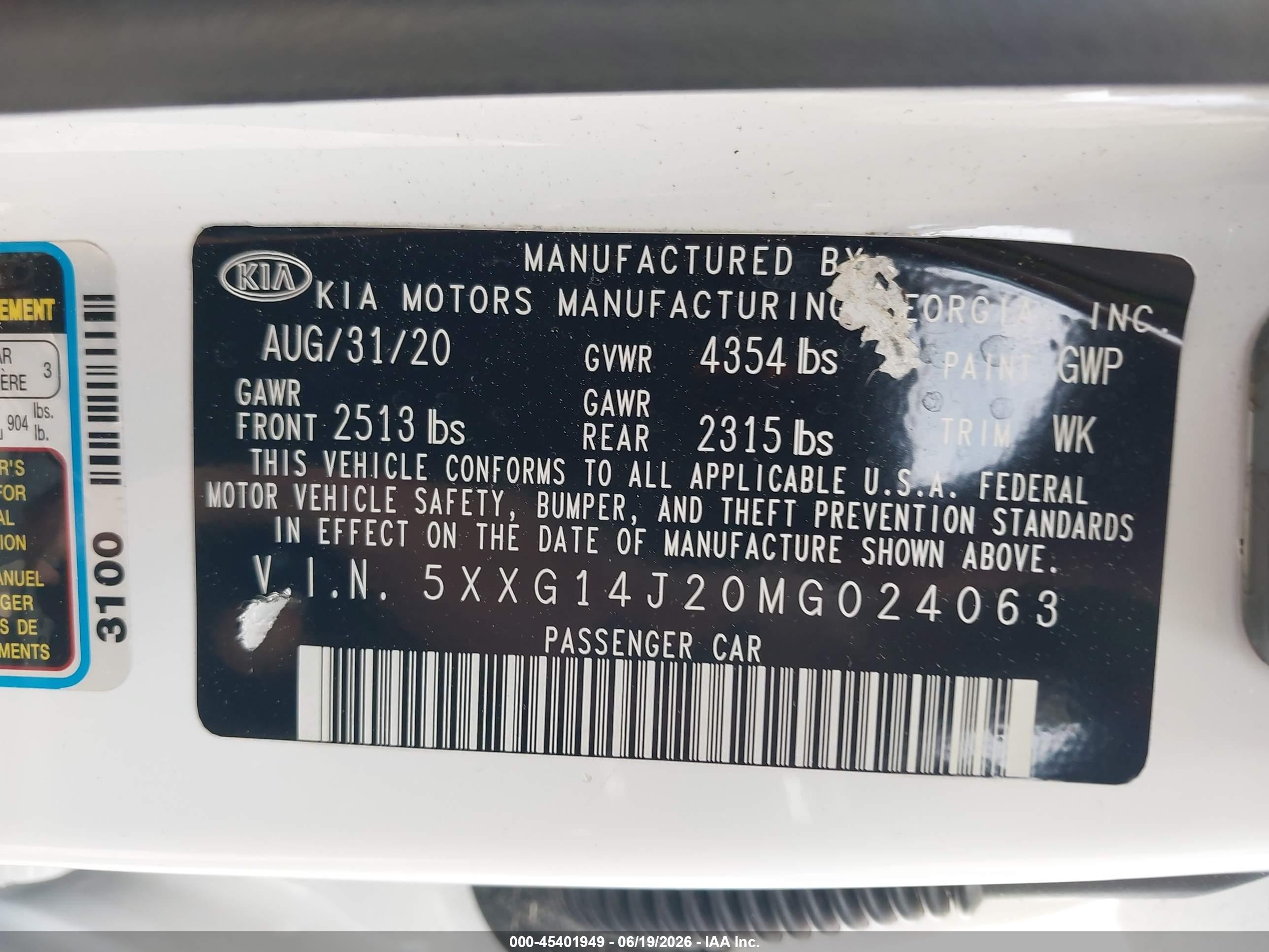 2021 Kia K5 VIN 5XXG14J20MG024063 IAAI salvage auction — Front End, Salvage (Massachusetts), sold $1,875 on 2026-09-08 (photo 9)