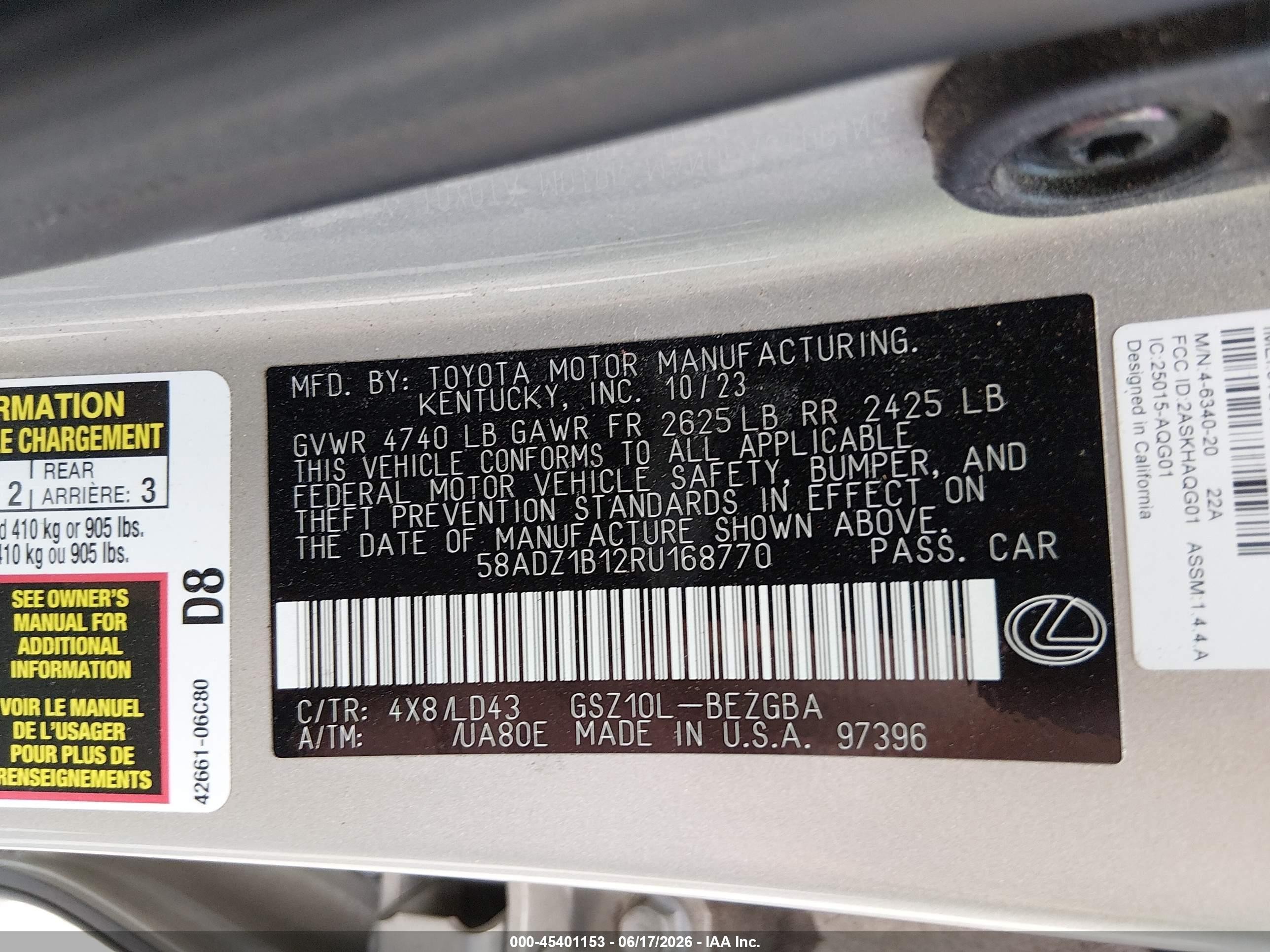 2024 Lexus ES 350 VIN 58ADZ1B12RU168770 IAAI salvage auction — Rear End, Salvage (Georgia), sold $23,000 on 2026-09-23 (photo 9)