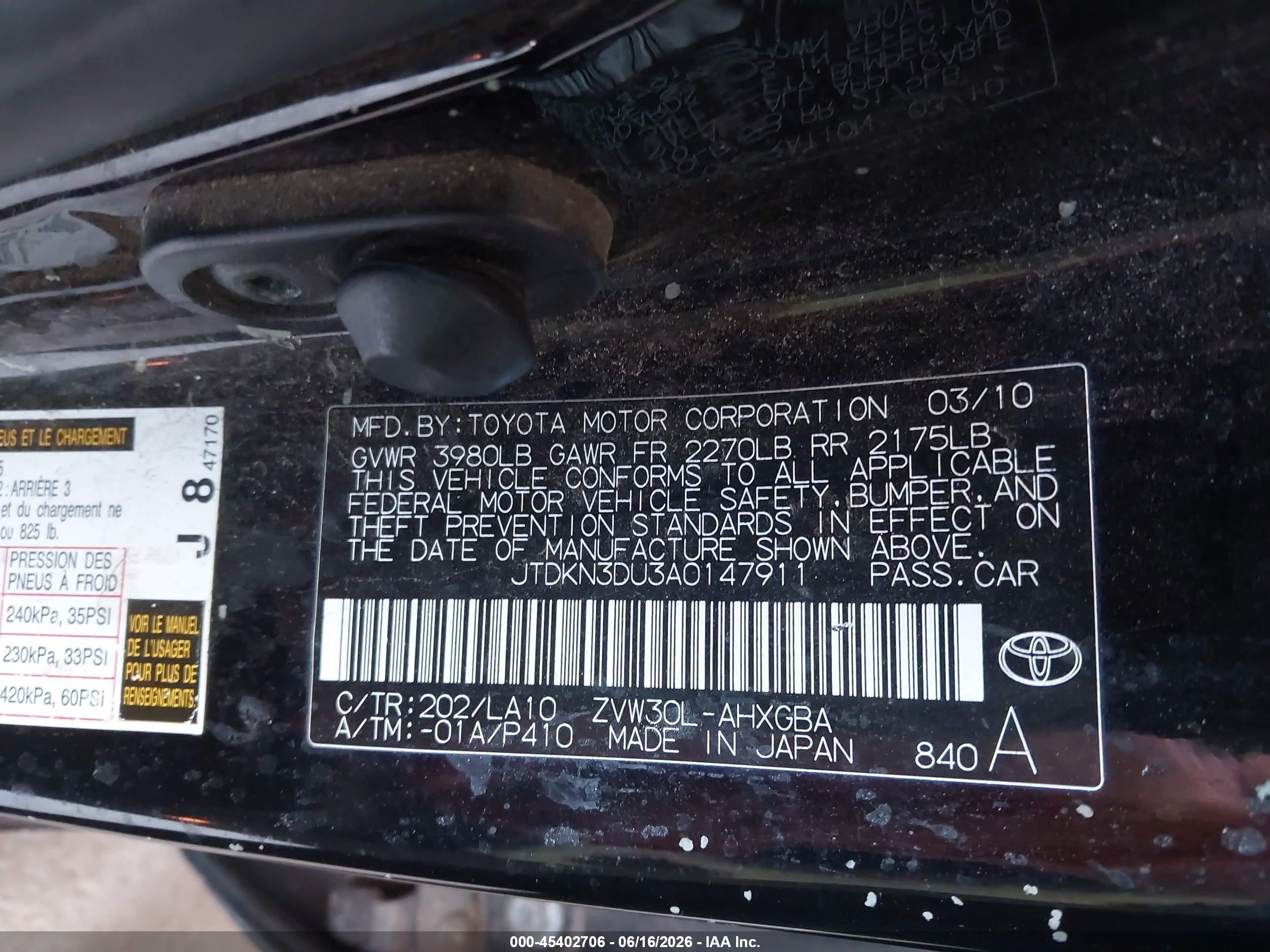 2010 Toyota Prius VIN JTDKN3DU3A0147911 IAAI salvage auction — Unknown, Salvage (California), sold $825 on 2026-07-09 (photo 9)