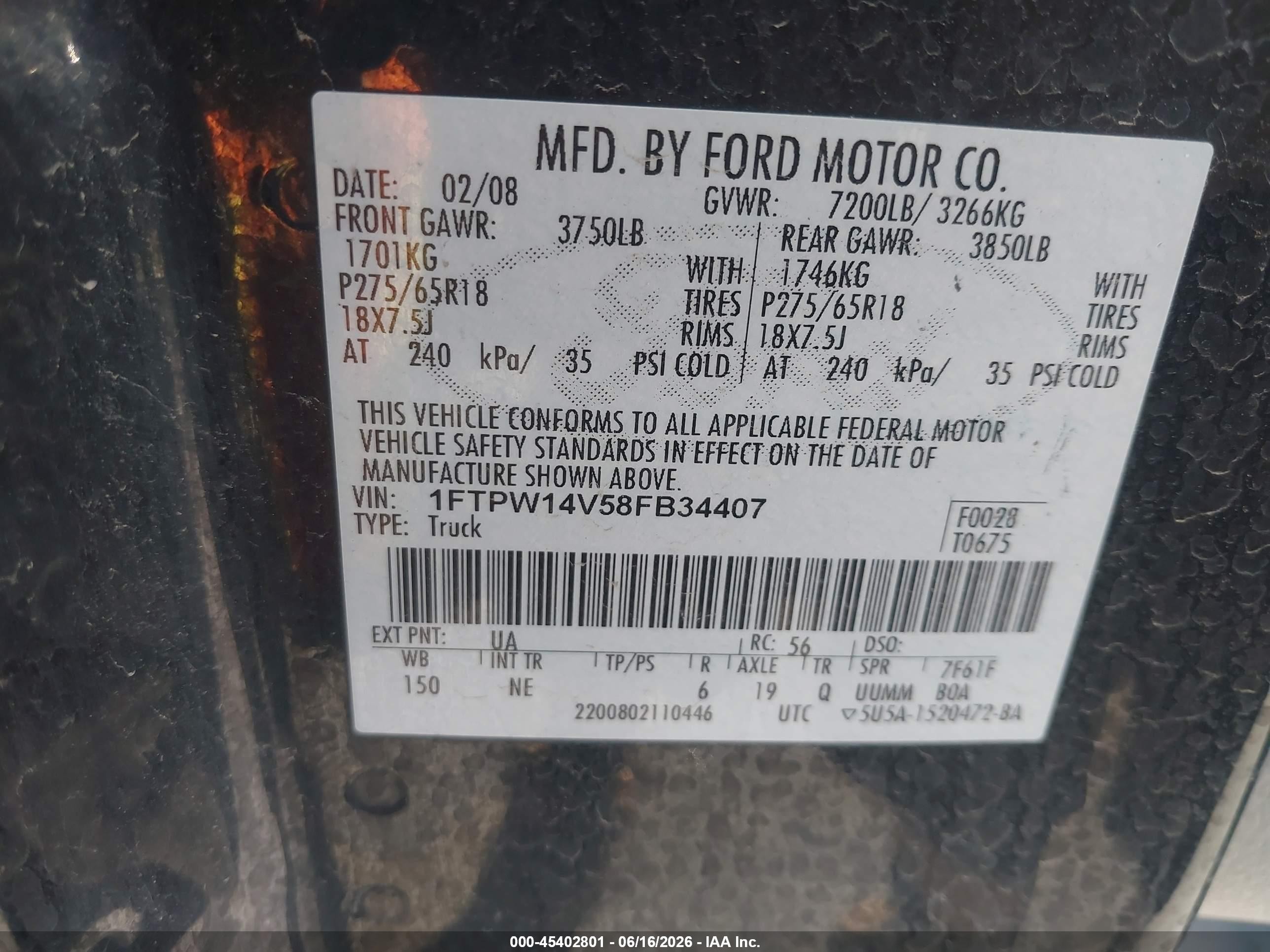 2008 Ford F-150 VIN 1FTPW14V58FB34407 IAAI salvage auction — Normal Wear, Clear (Utah), sold $275 on 2026-07-02 (photo 9)